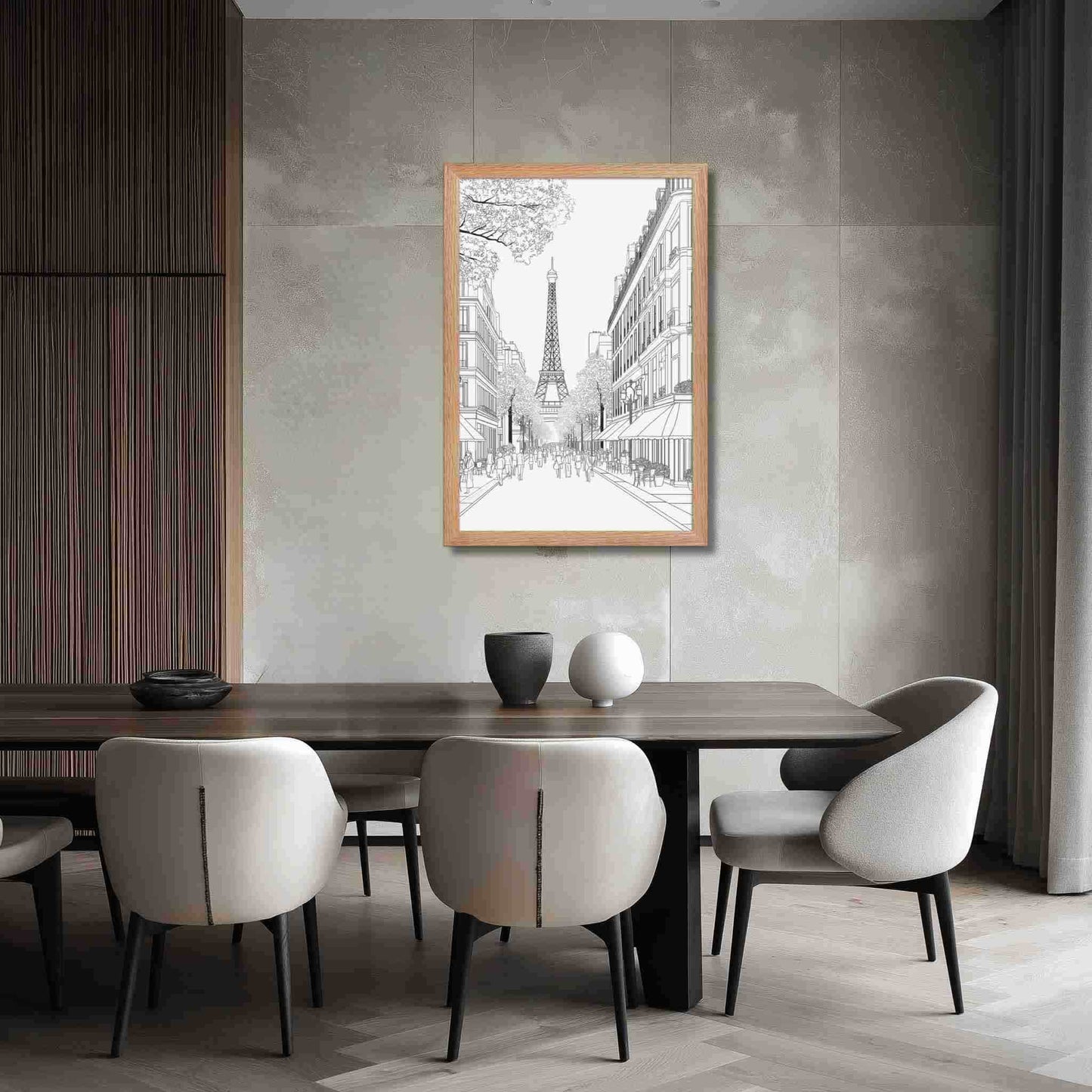Illustration of a Paris street drawing framed poster captures the iconic elegance of a French boulevard, in delicate black and white line art, hanging over a dining table.