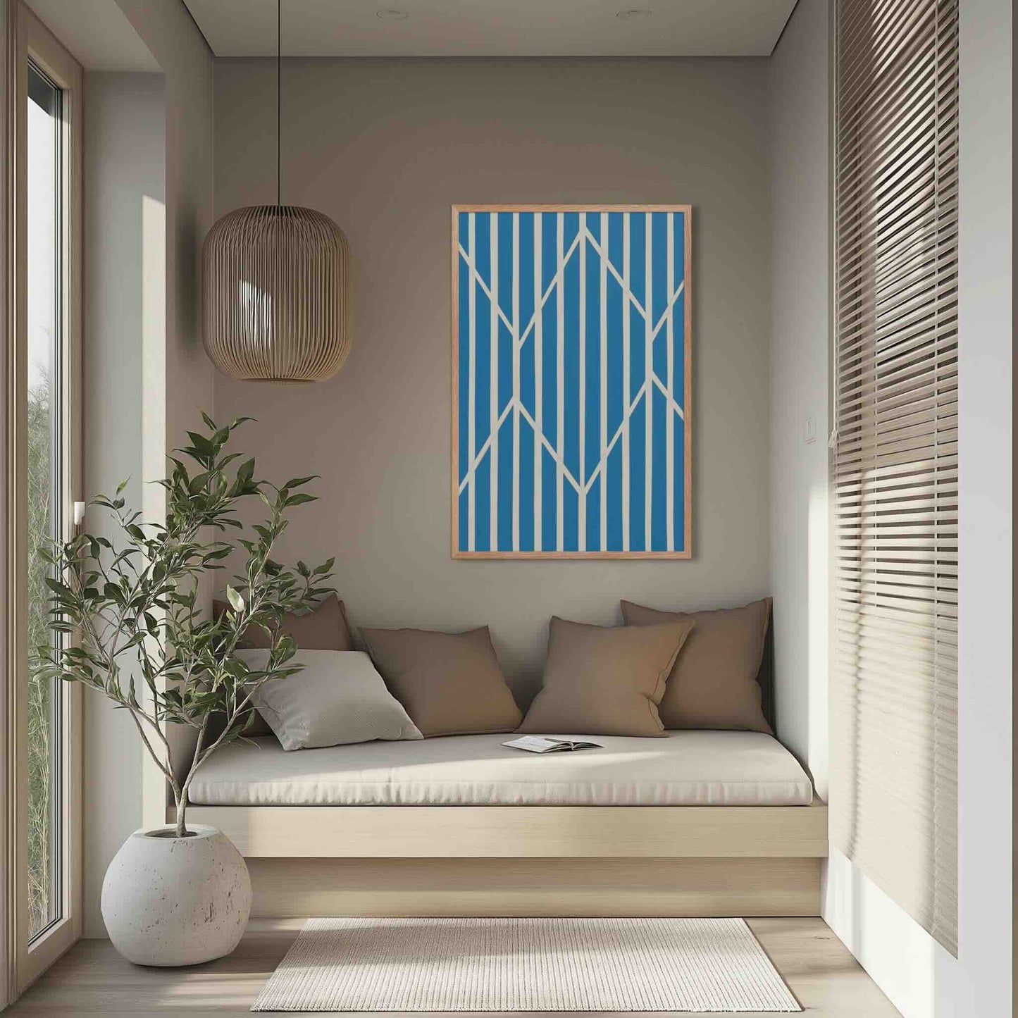 Illustration 1 of a compelling piece of blue and white abstract art, OBLIQUE, in framed poster. This sophisticated design creates visual drama as static vertical stripes are dynamically intersected by bold, angular white lines. The result is a striking, kinetic composition perfect for modern interiors. The framed poster hangs in a contemporary reading room.