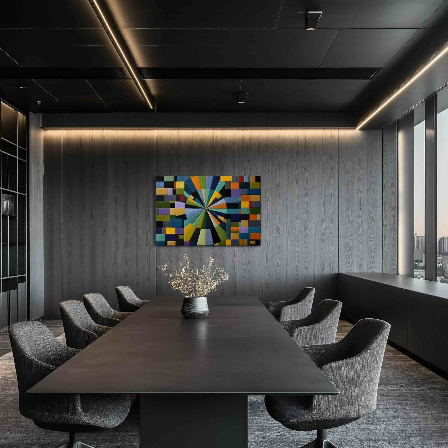 Illustration 1 of expressionfiberarts patterns inspire this vibrant, texture-rich art. The WOVEN Metal Print features a spectacular radial design where precise, dense threads create an illusion&nbsp;of motion and depth. A dynamic starburst of color and geometric complexity is framed by a subtle patchwork border. The metal print hangs in an office meeting room.