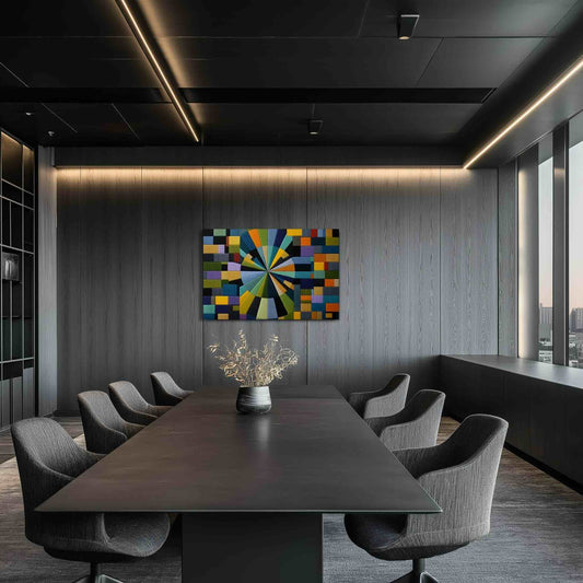 Illustration 1 of expressionfiberarts patterns inspire this vibrant, texture-rich art. The WOVEN Metal Print features a spectacular radial design where precise, dense threads create an illusion&nbsp;of motion and depth. A dynamic starburst of color and geometric complexity is framed by a subtle patchwork border. The metal print hangs in an office meeting room.