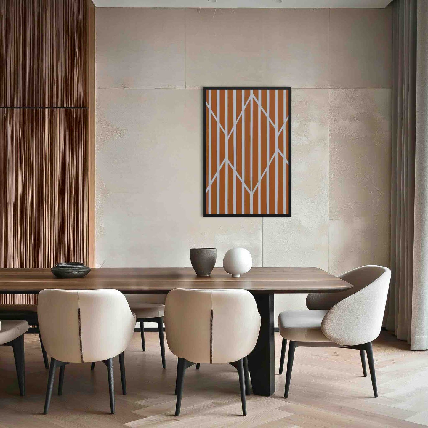 Illustration 1 of a vibrant piece of orange and white abstract art in framed poster. The rich, autumnal stripes are dramatically framed and intersected by crisp, white geometric lines. The poster hangs in a contemporary dining area with wood furniture and wooden feature wall.