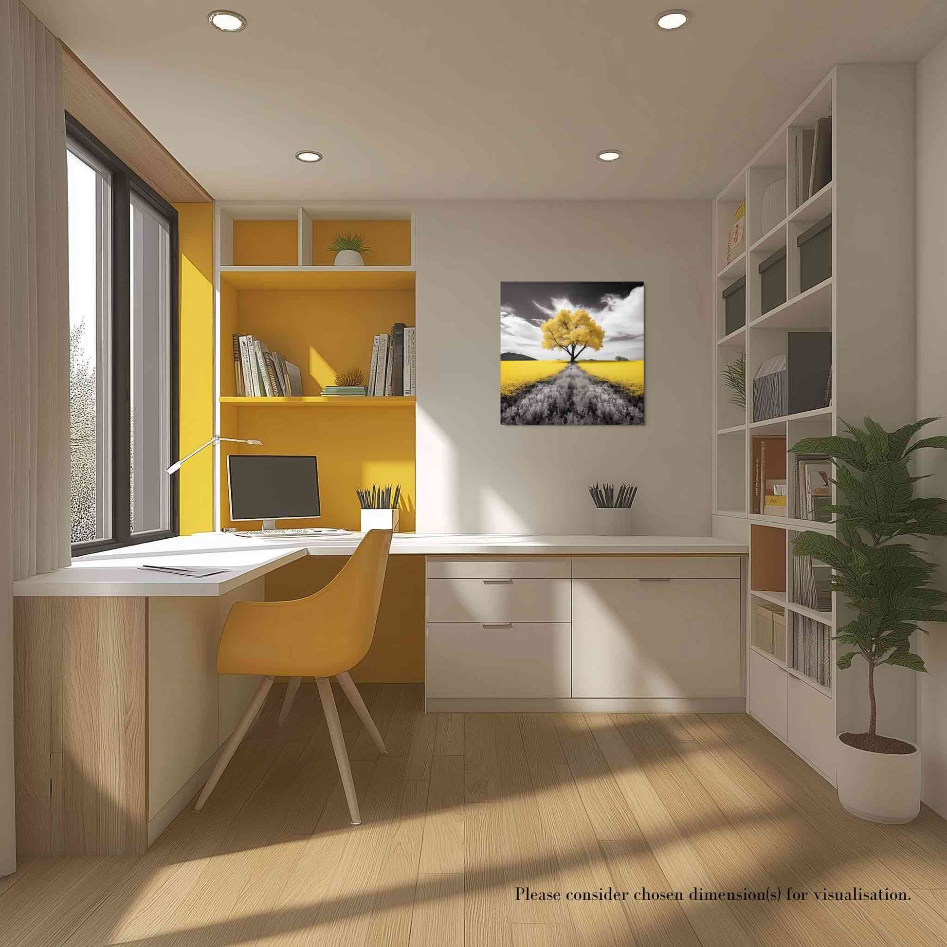 This dramatic wall art in metal print is inspired by the biblical parable, and captures the golden beauty of a towering mustard tree amidst a field of vibrant yellow blooms. The metal print which is 12x12 inches and is the centrepoint of the room, hanging next to yellow shelvings as a stunning centerpiece of a white and beech interior. 