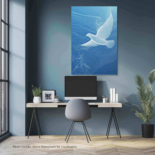Discover the ethereal beauty of "LUMIRET.DOVE," a stunning metal print featuring an
abstract white dove in graceful wireframe flight against a serene gradient blue sky. Flowing&nbsp;white lines and dots evoke constellations and motion, creating a modern, peaceful, and sophisticated piece. Elevate your space with this unique blend of nature and digital artistry. The metal print hangs on a blue wall in a study.