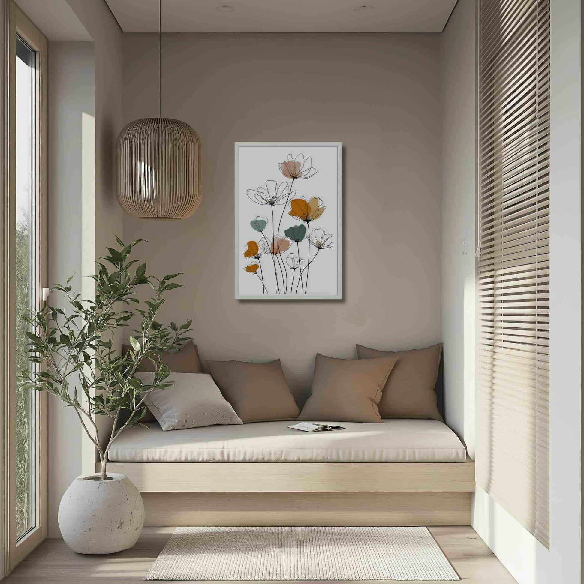 Illustration of a stunning minimalist Line drawing flowers art print. Delicate black lines meet soft, abstract watercolors in peach, orange, and teal, hanging on a wall over a sofa in a reading corner.