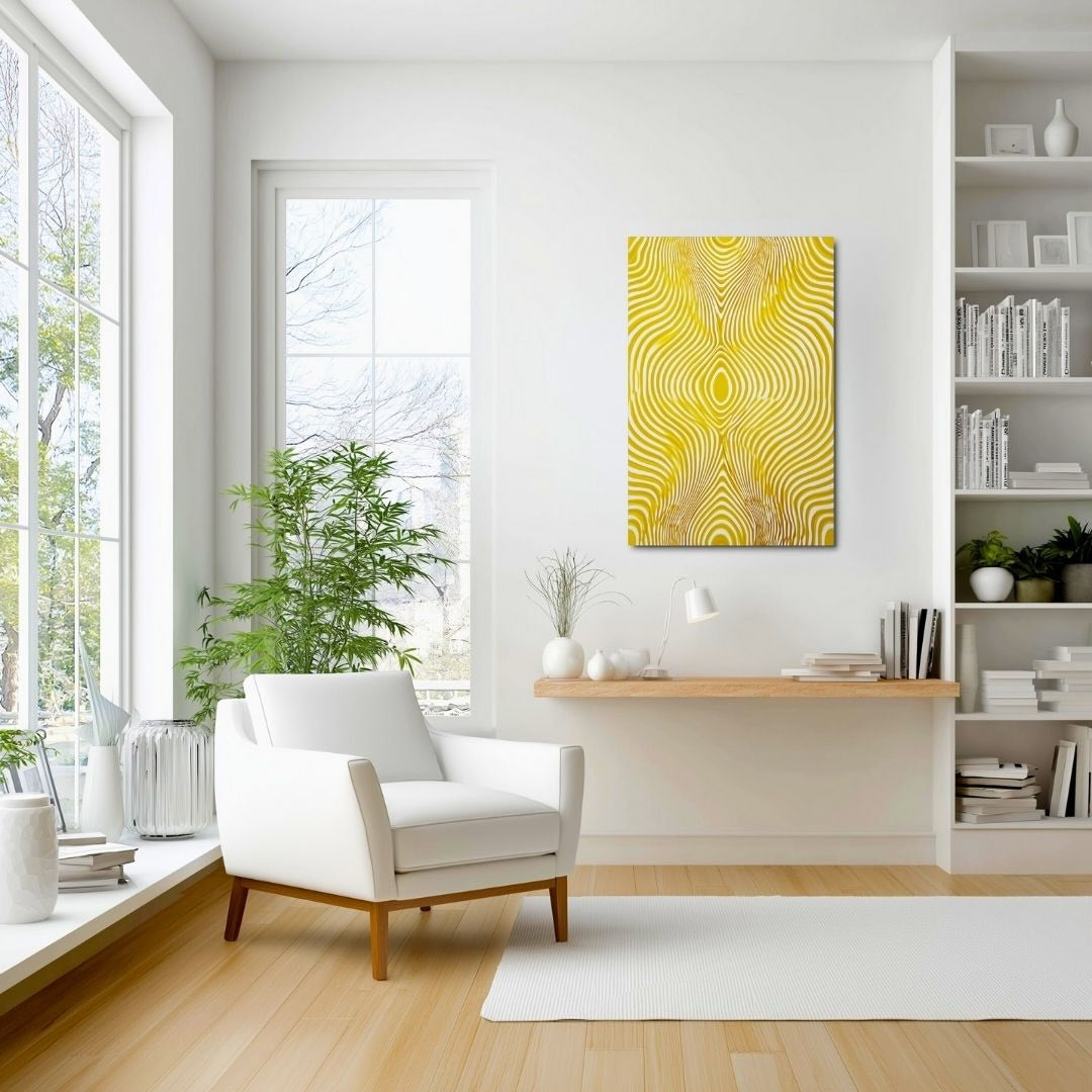 Illustration of a mesmerizing yellow wave that defines modern luxury, epertly rendered on a stunning abstract metal print, hanging in a reading area. Dimensions 20x30 inches portrait. 