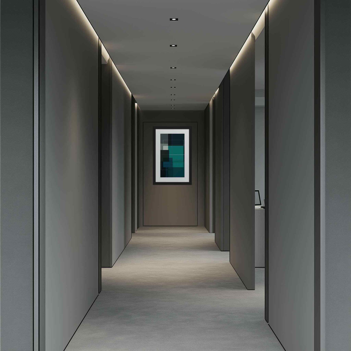 Illustration of BAUHAUS Framed Prints. This stunning abstract&nbsp;piece captivates with precision, a moody navy/teal palette, and dynamic geometry, hanging on the wall at the corridor of an office.