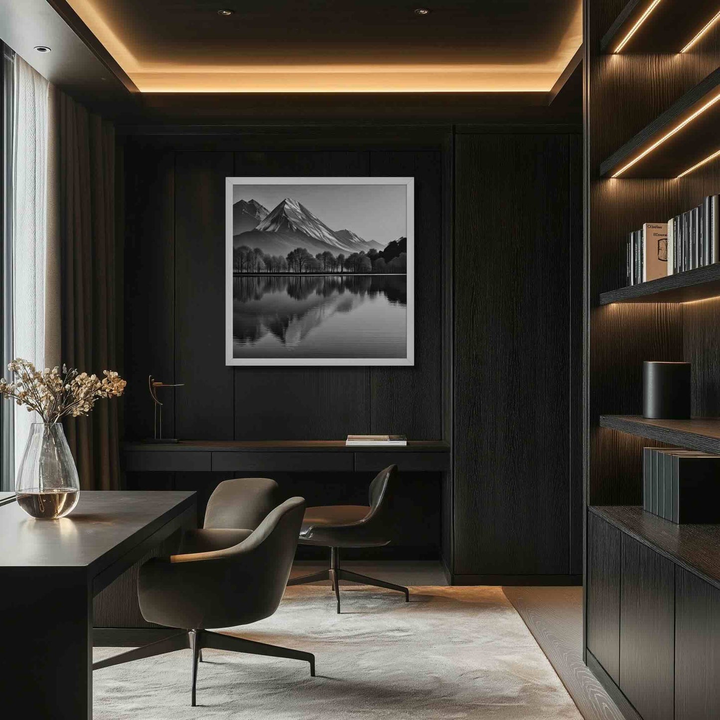 This sophisticated, gallery-quality framed poste features powerful Black and White Landscape symmetry, capturing a majestic mountain and&nbsp;its near-perfect reflection. The high-contrast style emphasizes dramatic forms and textures. The framed poster hangs in a dark colored study room.