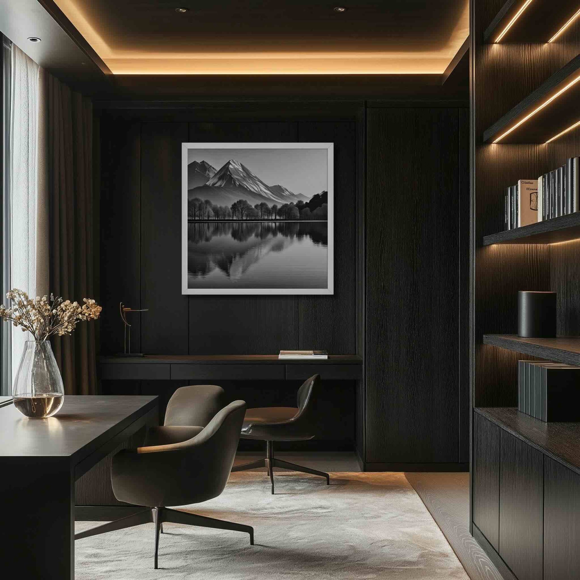This sophisticated, gallery-quality framed poste features powerful Black and White Landscape symmetry, capturing a majestic mountain and&nbsp;its near-perfect reflection. The high-contrast style emphasizes dramatic forms and textures. The framed poster hangs in a dark colored study room.