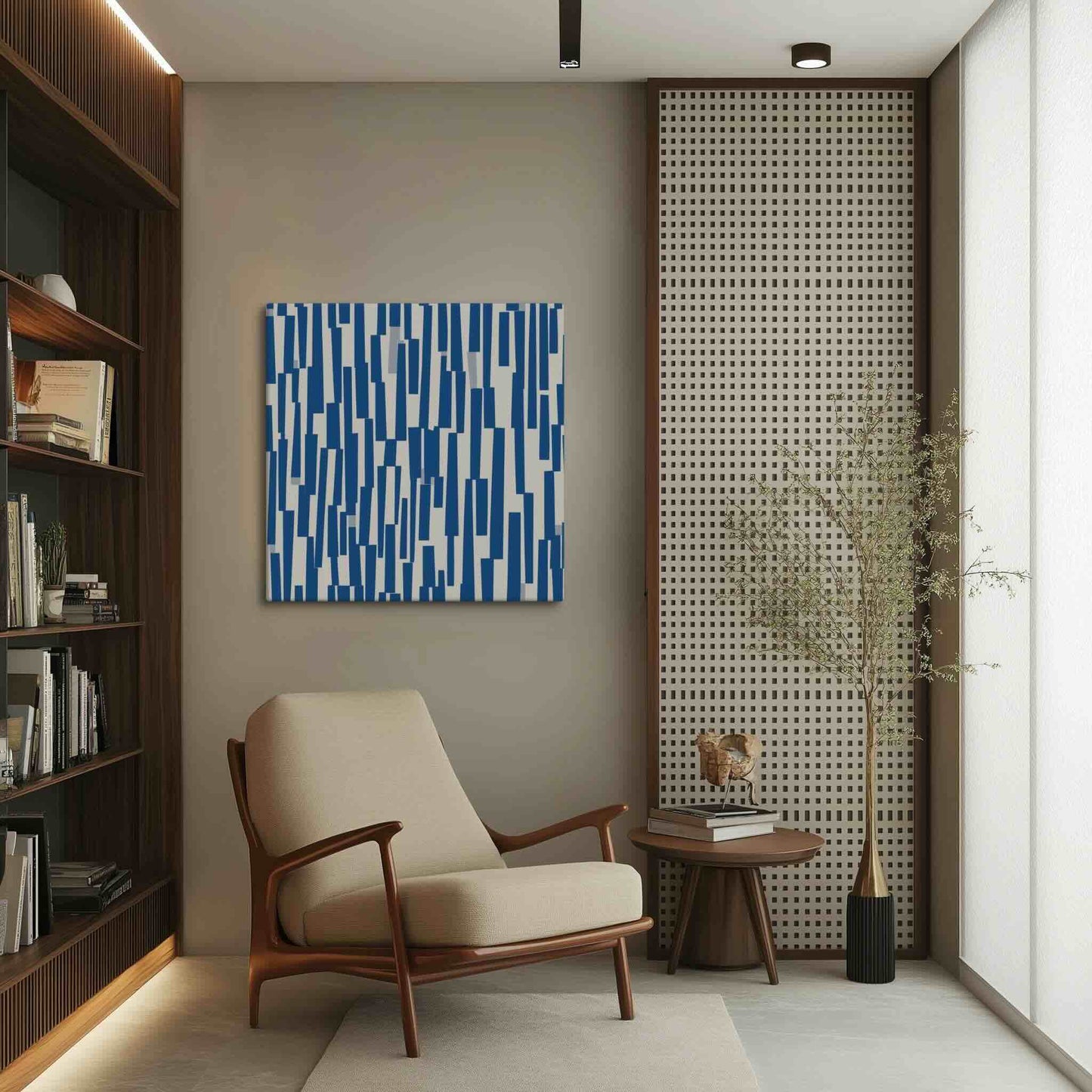 Illustration 2 of a blue and cream canvas art. Our Staccato design features an elegant, rhythmic cascade of deep navy shapes against a warm, neutral backdrop. This abstract piece offers high contrast and sophisticated, organized movement, reminiscent of classic Mid-Century Modern design.