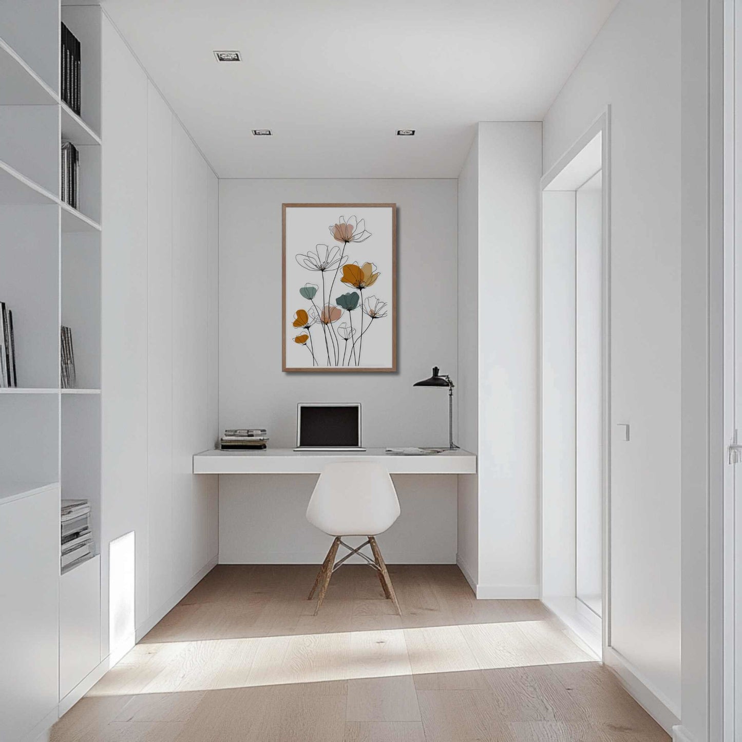 Illustration of a stunning minimalist Line drawing flowers art print. Delicate black lines meet soft, abstract watercolors in peach, orange, and teal, hanging on a wall over a study table.