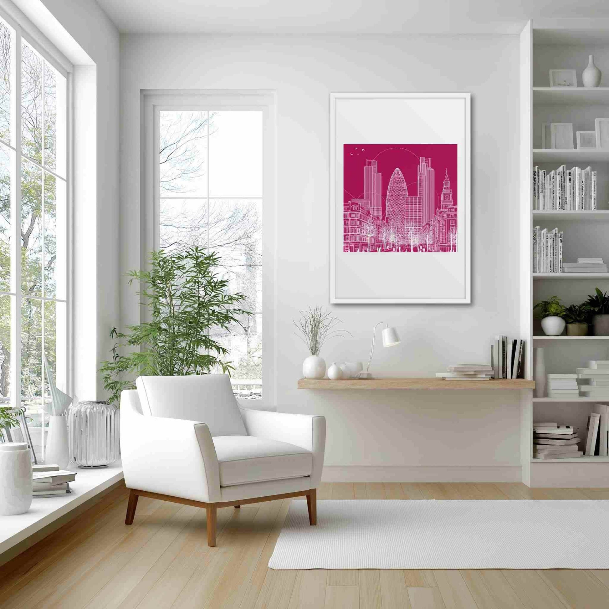 London wall art featuring a sophisticated line drawing which captures the vibrant energy of London, in a framed poster with white frame and thick mat, hanging on a wall in a reading corner of a white contemporary study.