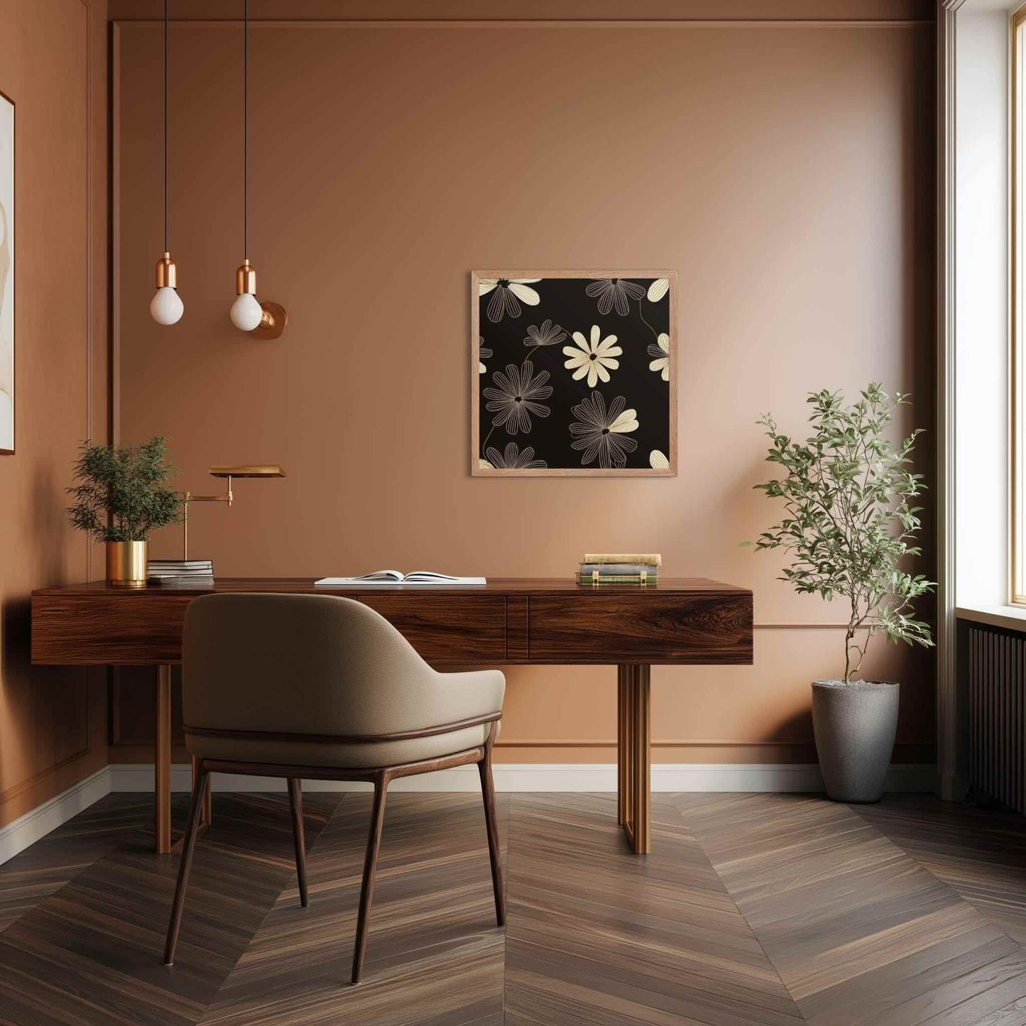 Modern Floral Wall Art framed poster which features a high-contrast, black and white line art pattern that blends Art Deco flair with minimalist sophistication. The framed poster hangs on a wall with warm earth color, hanging in a contemporary study.