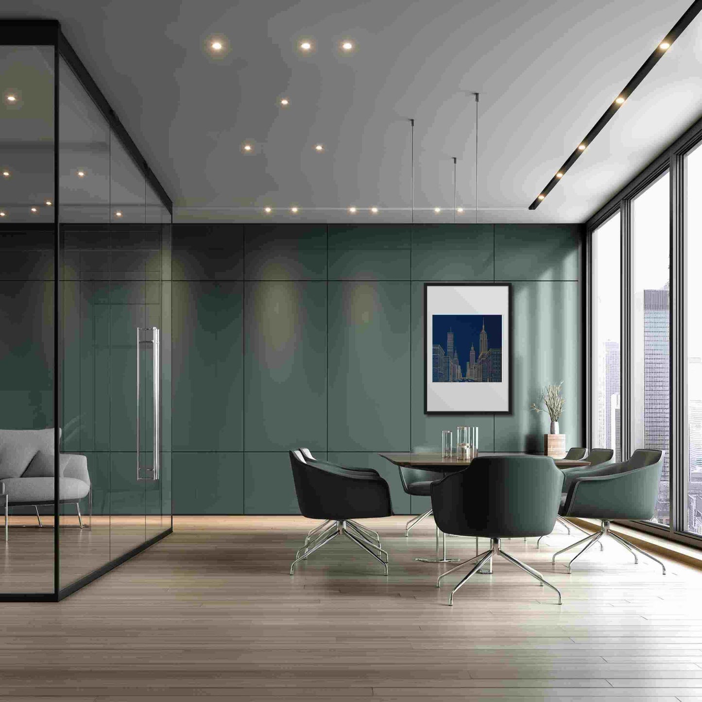 New York skyline line drawing in bold gold lines against a deep architectural blue, in a framed poster with mat, hanging on a wall in a seating area of a sleek modern office.