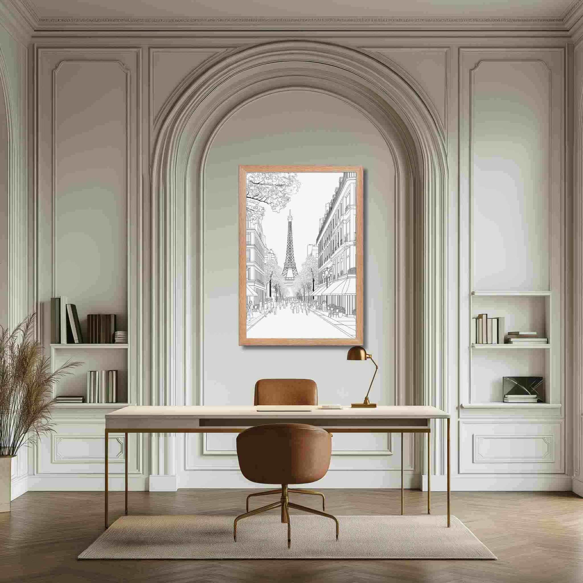 Illustration of a Paris street drawing framed poster captures the iconic elegance of a French boulevard, in delicate black and white line art, hanging over a study table in a classic modern setting.