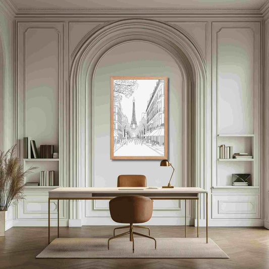 Illustration of a Paris street drawing framed poster captures the iconic elegance of a French boulevard, in delicate black and white line art, hanging over a study table in a classic modern setting.
