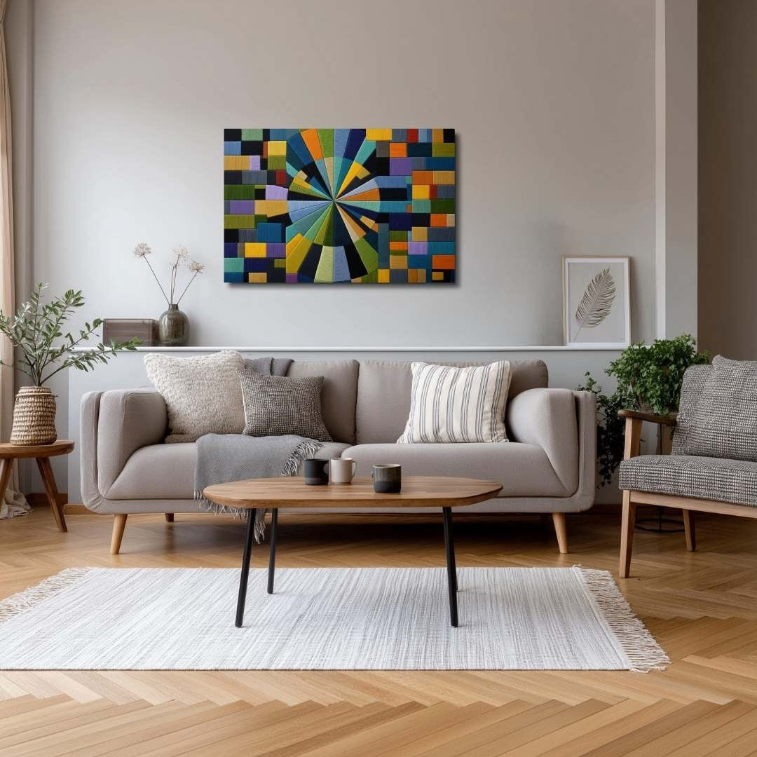 llustration 2 of expressionfiberarts patterns inspire this vibrant, texture-rich art. The WOVEN Metal Print features a spectacular radial design where precise, dense threads create an illusion&nbsp;of motion and depth. A dynamic starburst of color and geometric complexity is framed by a subtle patchwork border. The metal print hangs in a cozy contemporary living room.