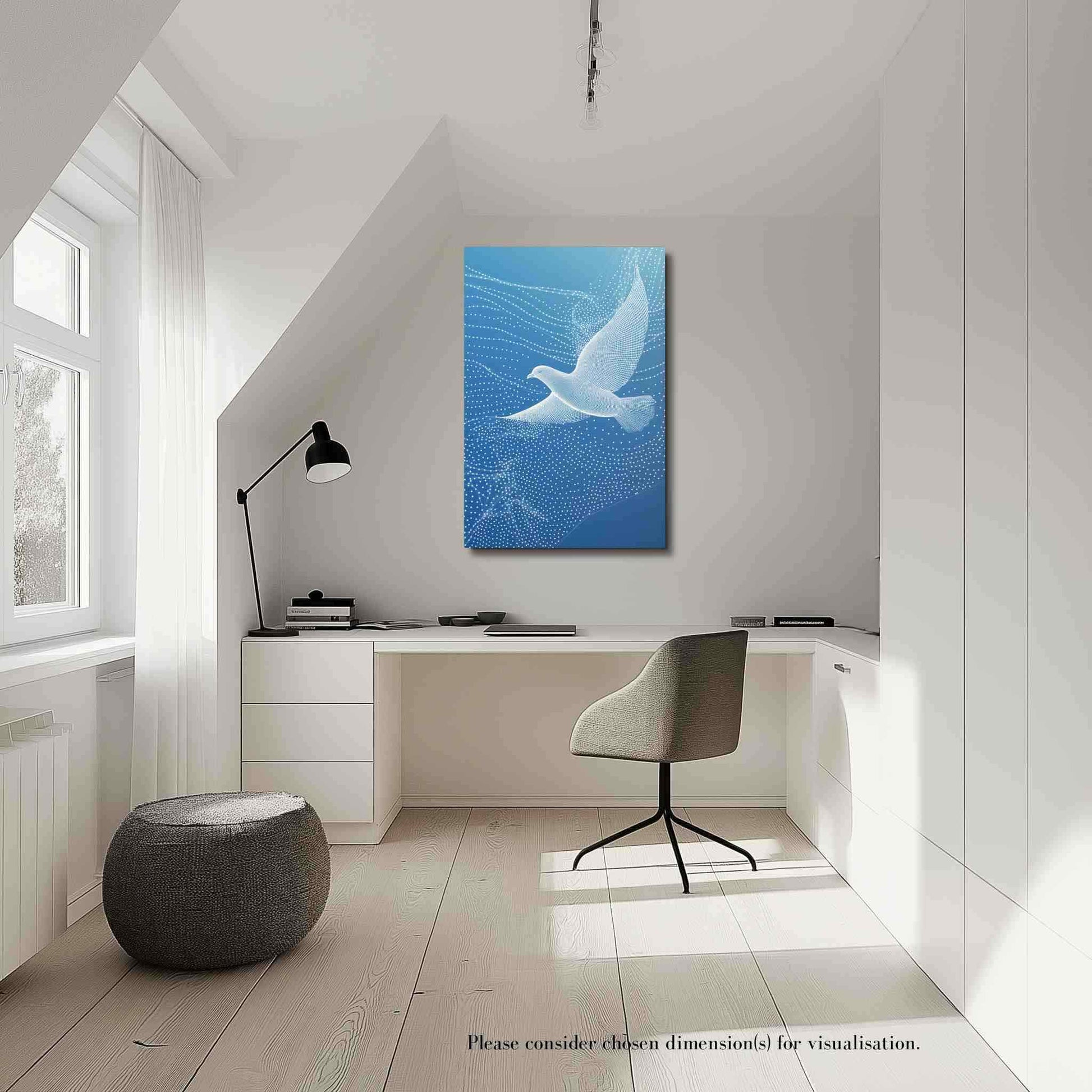 Discover the ethereal beauty of "LUMIRET.DOVE," a stunning metal print featuring an abstract white dove in graceful wireframe flight against a serene gradient blue sky. Flowing&nbsp;white lines and dots evoke constellations and motion, creating a modern, peaceful, and sophisticated piece. Elevate your space with this unique blend of nature and digital artistry. The metal print hangs on a white wall in a study.