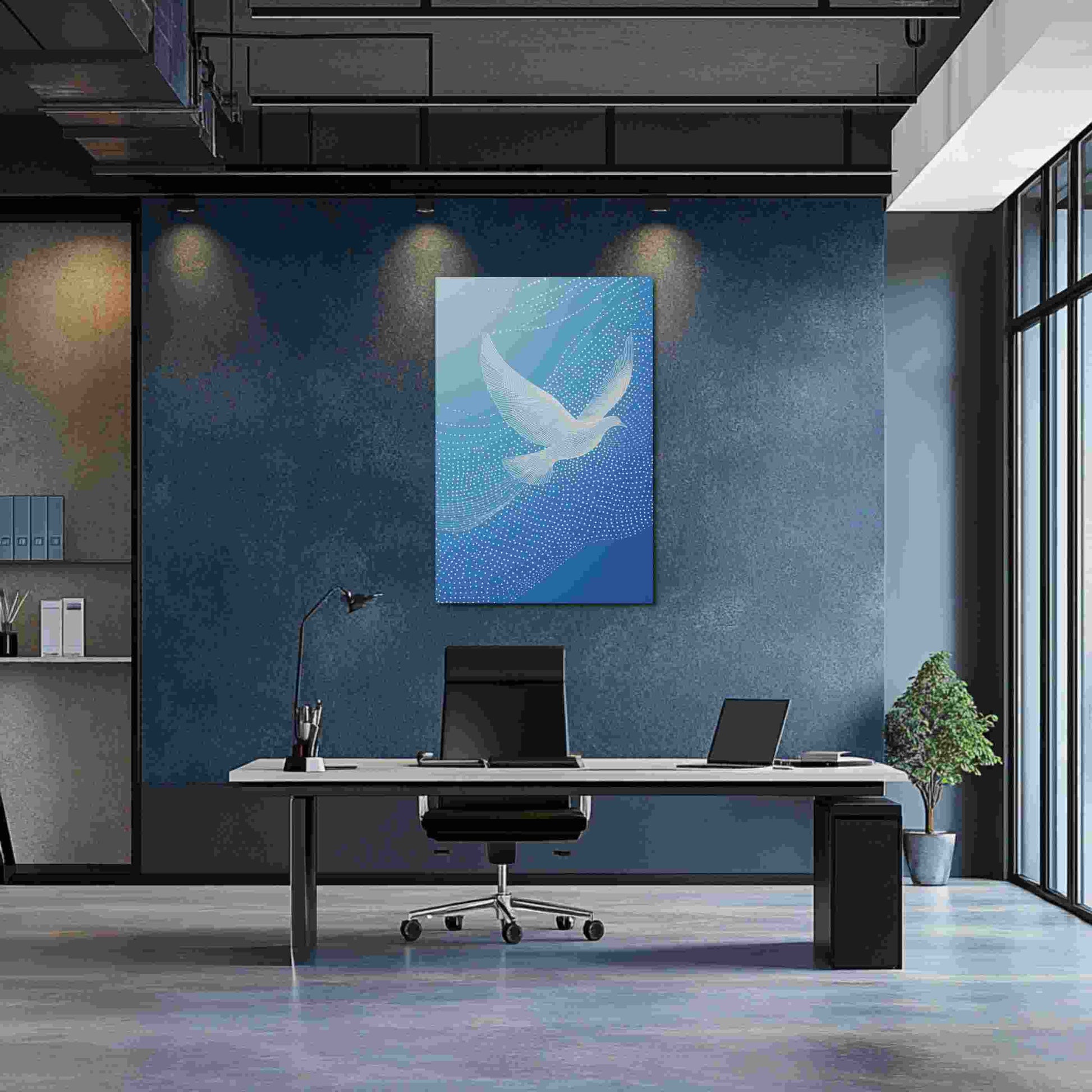 Discover the ethereal beauty of "LUMIRET.DOVE," a stunning metal print featuring an abstract white dove in graceful wireframe flight against a serene gradient blue sky. Flowing white lines and dots evoke constellations and motion, creating a modern, peaceful, and sophisticated piece. Elevate your space with this unique blend of nature and digital artistry. The metal print hangs on a blue wall in a modern insdustrial style study room.