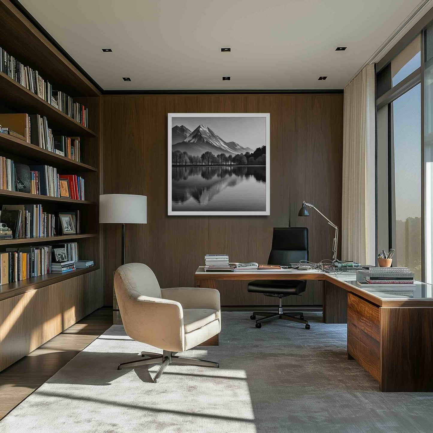 This sophisticated, gallery-quality framed poste features powerful Black and White Landscape symmetry, capturing a majestic mountain and&nbsp;its near-perfect reflection. The high-contrast style emphasizes dramatic forms and textures. The framed poster hangs in a contemporary study room