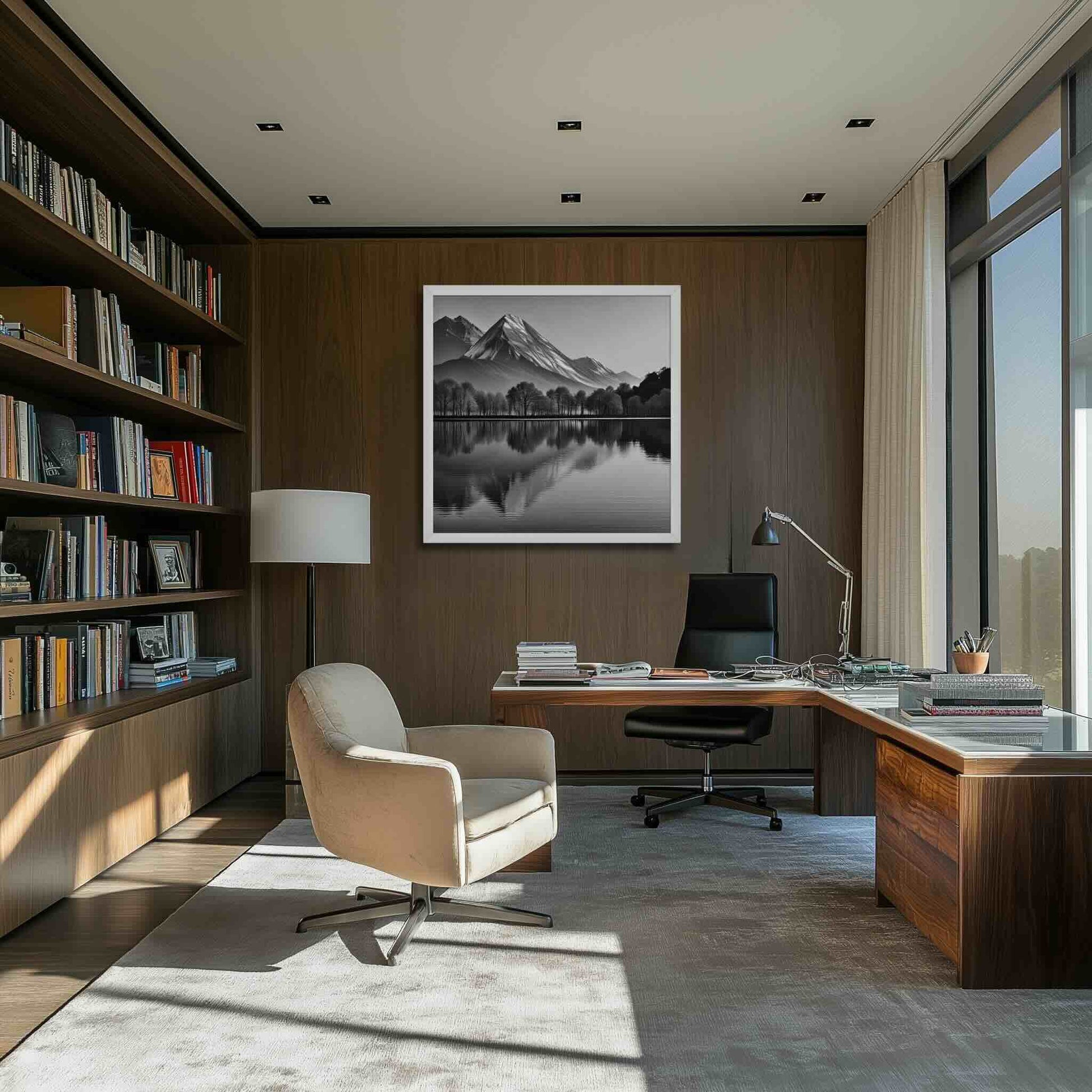 This sophisticated, gallery-quality framed poste features powerful Black and White Landscape symmetry, capturing a majestic mountain and&nbsp;its near-perfect reflection. The high-contrast style emphasizes dramatic forms and textures. The framed poster hangs in a contemporary study room