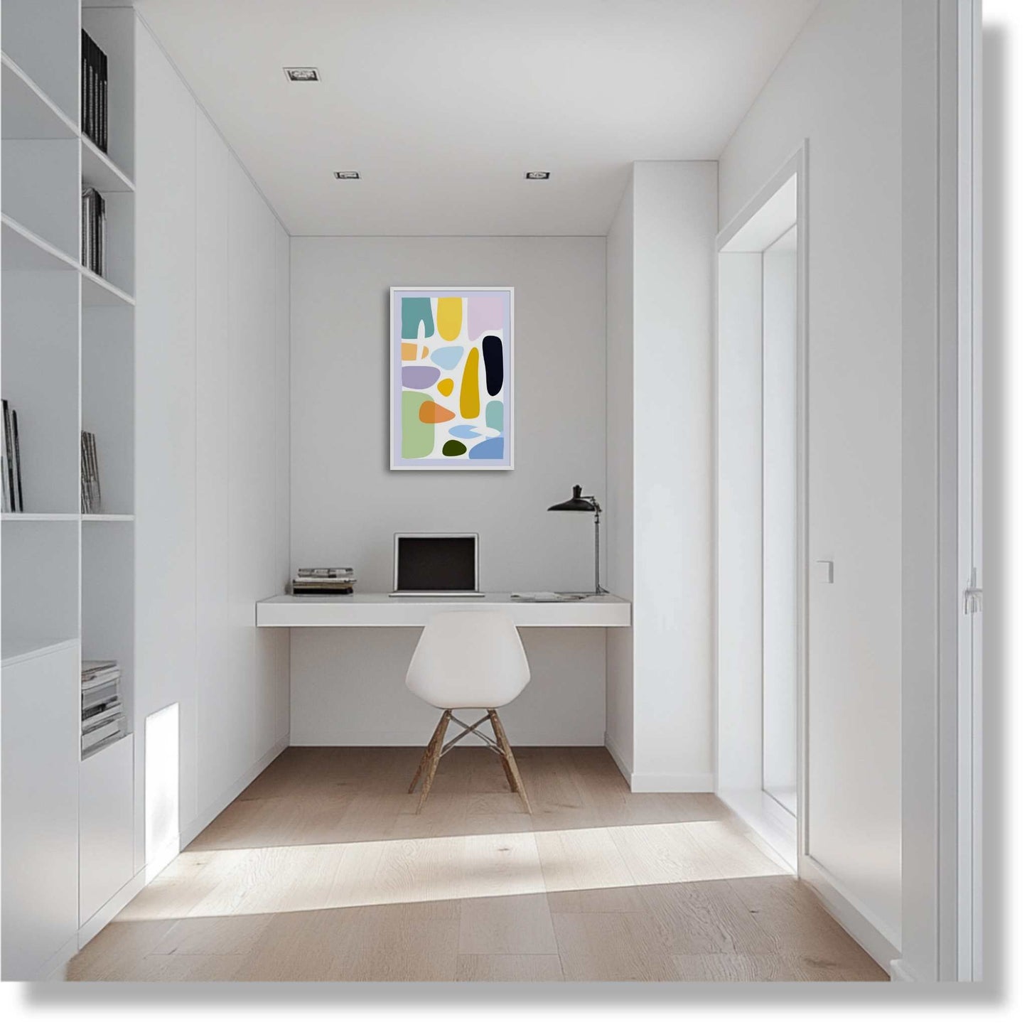 Illustration 3. Poster which mbodies the playful elegance of Mid Century Modern Wall Art, featuring soft, organic shapes and a beautifully balanced, muted pastel palette, hanging on a white wall in a white modern Scandinavian study.