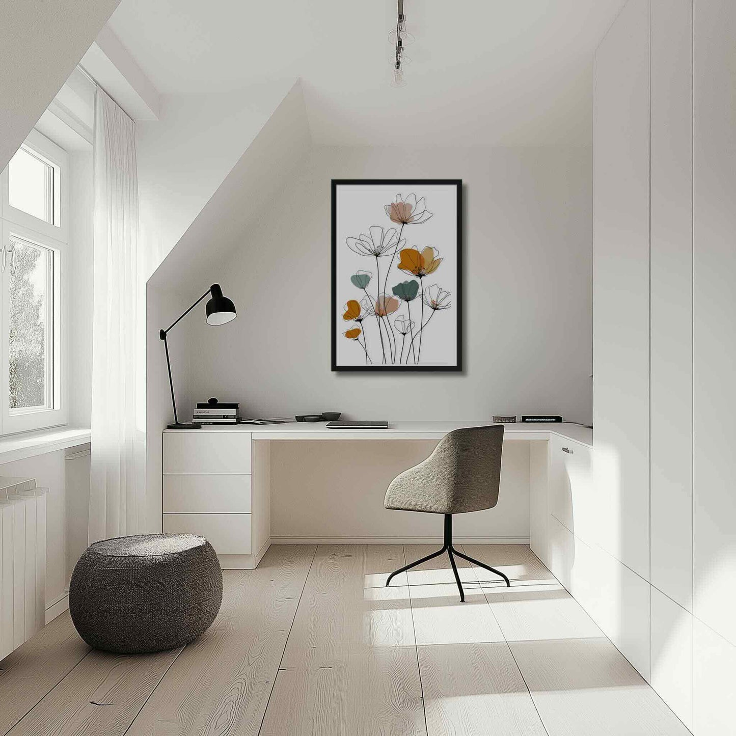 Illustration of a stunning minimalist Line drawing flowers art print. Delicate black lines meet soft, abstract watercolors in peach, orange, and teal, framed in black, hanging on a wall over a study table next to the window.