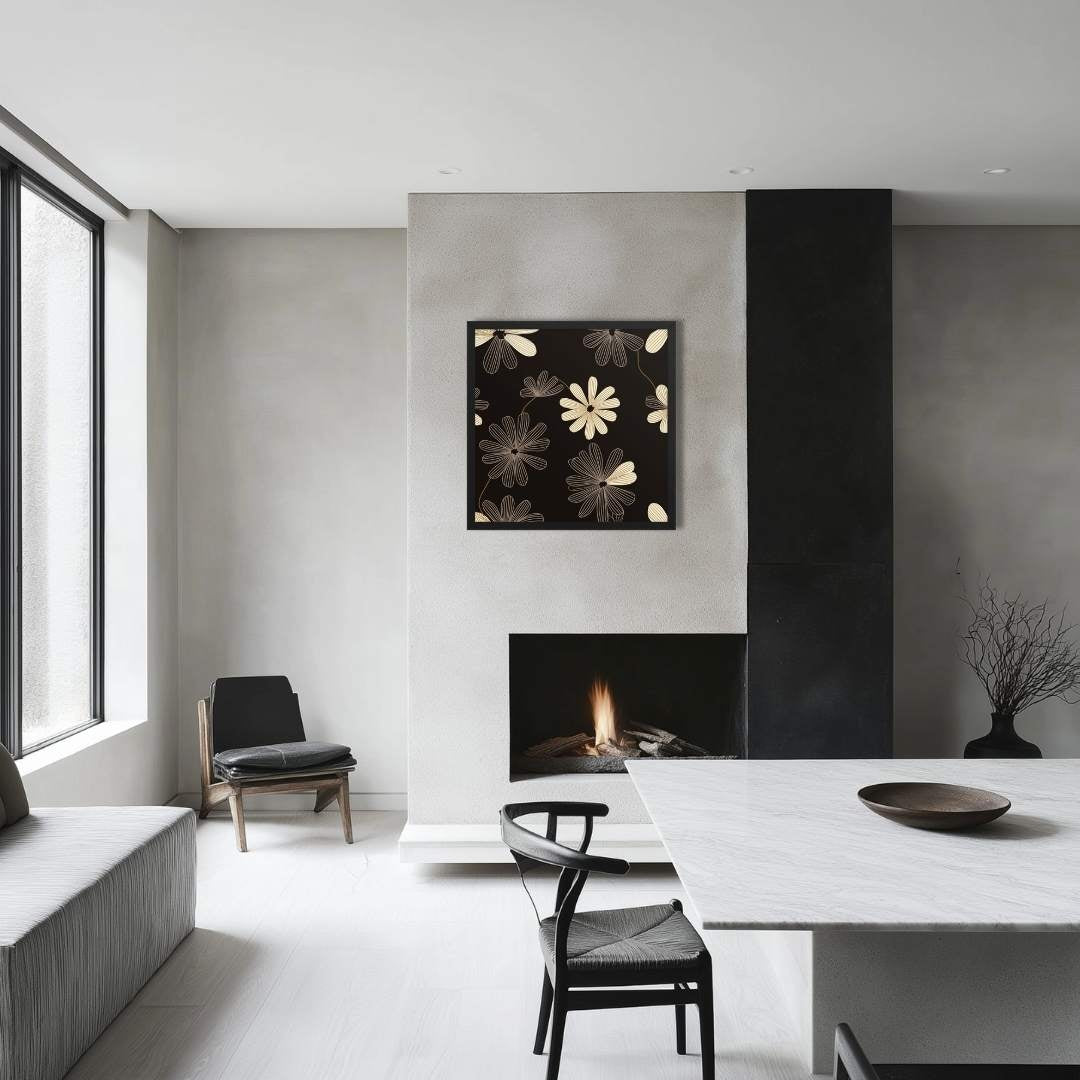 Modern Floral Wall Art framed poster which features a high-contrast, black and white line art pattern that blends Art Deco flair with minimalist sophistication. The framed poster hangs on a wall, in a modern living area.