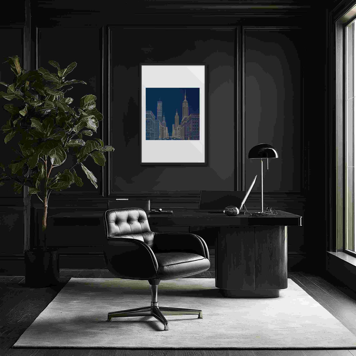 New York skyline line drawing in bold gold lines against a deep architectural blue, in a framed poster with mat, hanging on a dark wall in a classic modern study with dark colors.