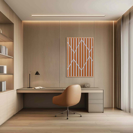  Illustration 1 of a vibrant piece of orange and white abstract art in framed poster. The rich, autumnal stripes are dramatically framed and intersected by crisp, white geometric lines. The poster hangs in a contemporary wood theme study.
