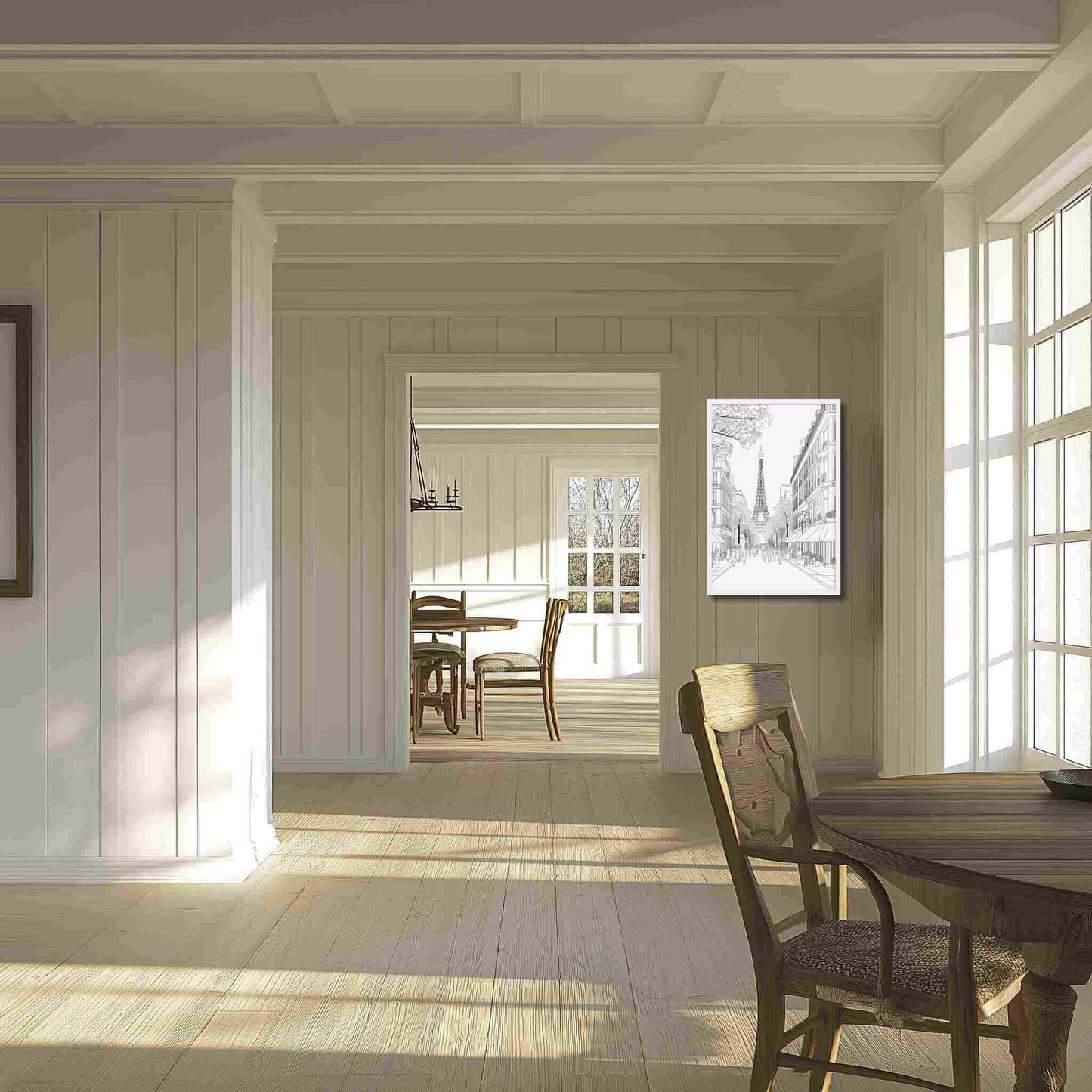 Illustration of a Paris street drawing framed poster captures the iconic elegance of a French boulevard, in delicate black and white line art, hanging on a wooden wall in the corner of a country-style living area.