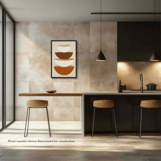A minimalist abstract art form in framed poster, featuring stacked bowls in warm earthy tones on soft biege, its clean, contemporary, and slightly rustic aesthetic adds a touch of calm sophistication to your kitchen or dining area.  Framed in wood in black color. The poster hangs on a biege wall over a breakfast bench in a modern kitchen.