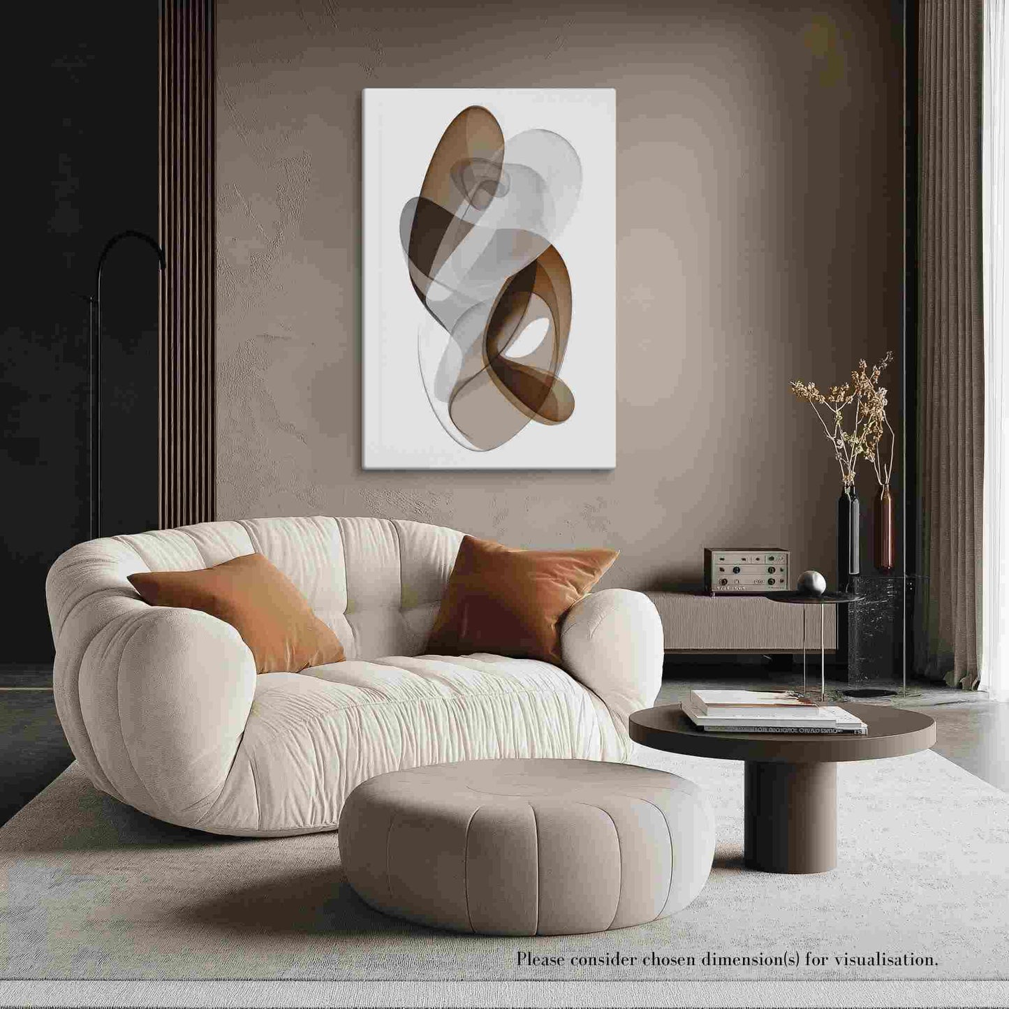 Explore "ORYA," an avant garde large abstract canvas print featuring graceful, layered ribbons in warm earthy tones. This elegant artwork blends movement and stillness, adding depth and sophistication to any space. The canvas, available in large portrait dimensions, hangs prominantly on a wall in a modern biege living room.