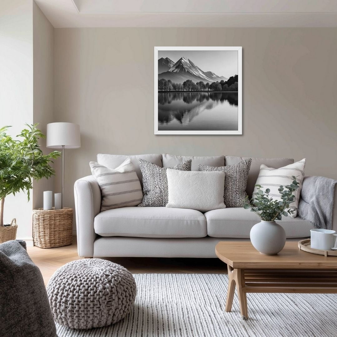 This sophisticated, gallery-quality framed poste features powerful Black and White Landscape symmetry, capturing a majestic mountain and&nbsp;its near-perfect reflection. The high-contrast style emphasizes dramatic forms and textures. The framed poster hangs in a cozy contemporary / scandinavian style living room.