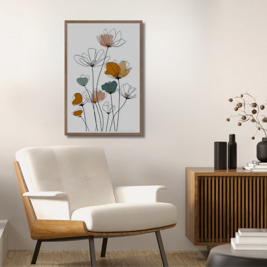 Illustration of a stunning minimalist Line drawing flowers art print. Delicate black lines meet soft, abstract watercolors in peach, orange, and teal, hanging on a wall over a sofa chair.