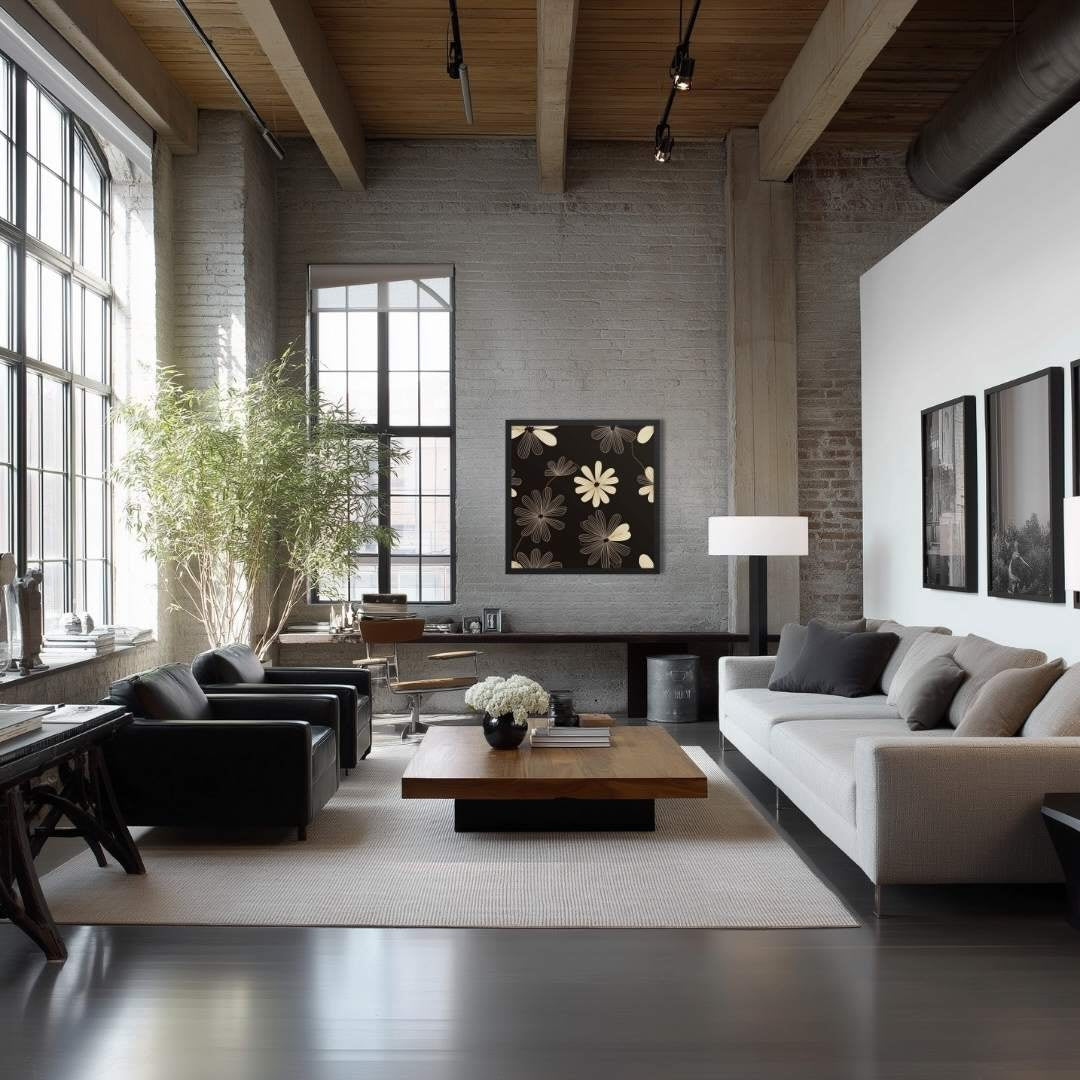 Modern Floral Wall Art framed poster which features a high-contrast, black and white line art pattern that blends Art Deco flair with minimalist sophistication. The framed poster hangs on a wall, in a contemporary living room.