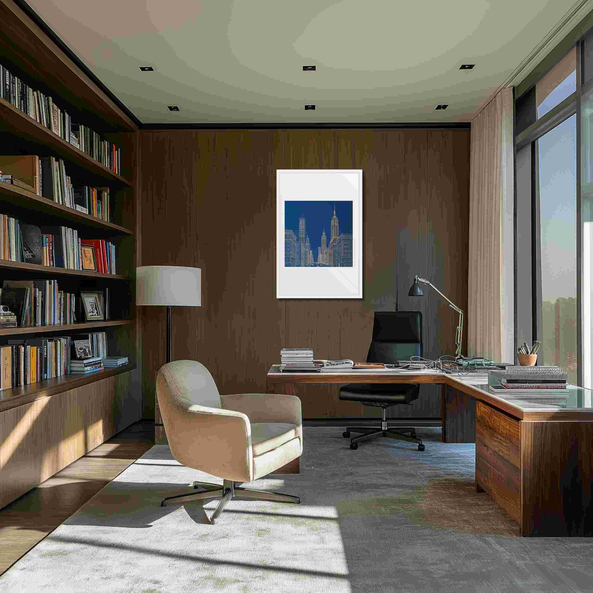 New York skyline line drawing in bold gold lines against a deep architectural blue, in a framed poster with mat, hanging on a wooden wall in a mid century modern study.