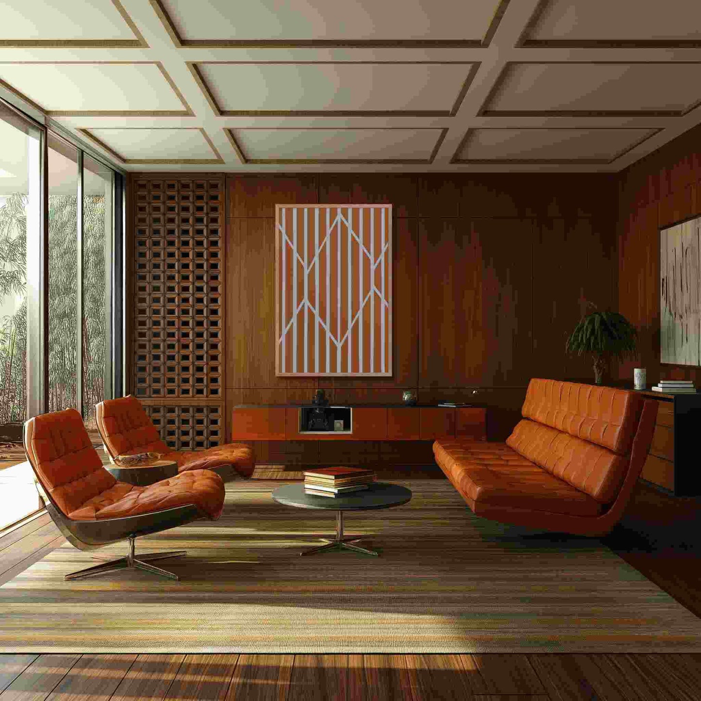 Illustration 3 of a vibrant piece of orange and white abstract art in framed poster. The rich, autumnal stripes are dramatically framed and intersected by crisp, white geometric lines. The poster hangs in a dark-wood Mid Century modern living room. 