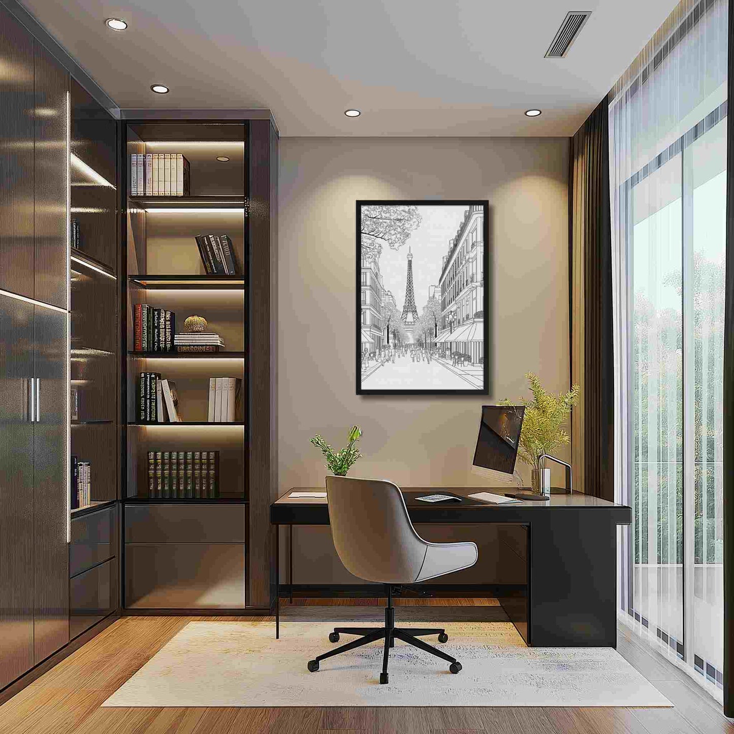 Illustration of a Paris street drawing framed poster captures the iconic elegance of a French boulevard, in delicate black and white line art, hanging over a study table in a classic modern setting with dark wood.
