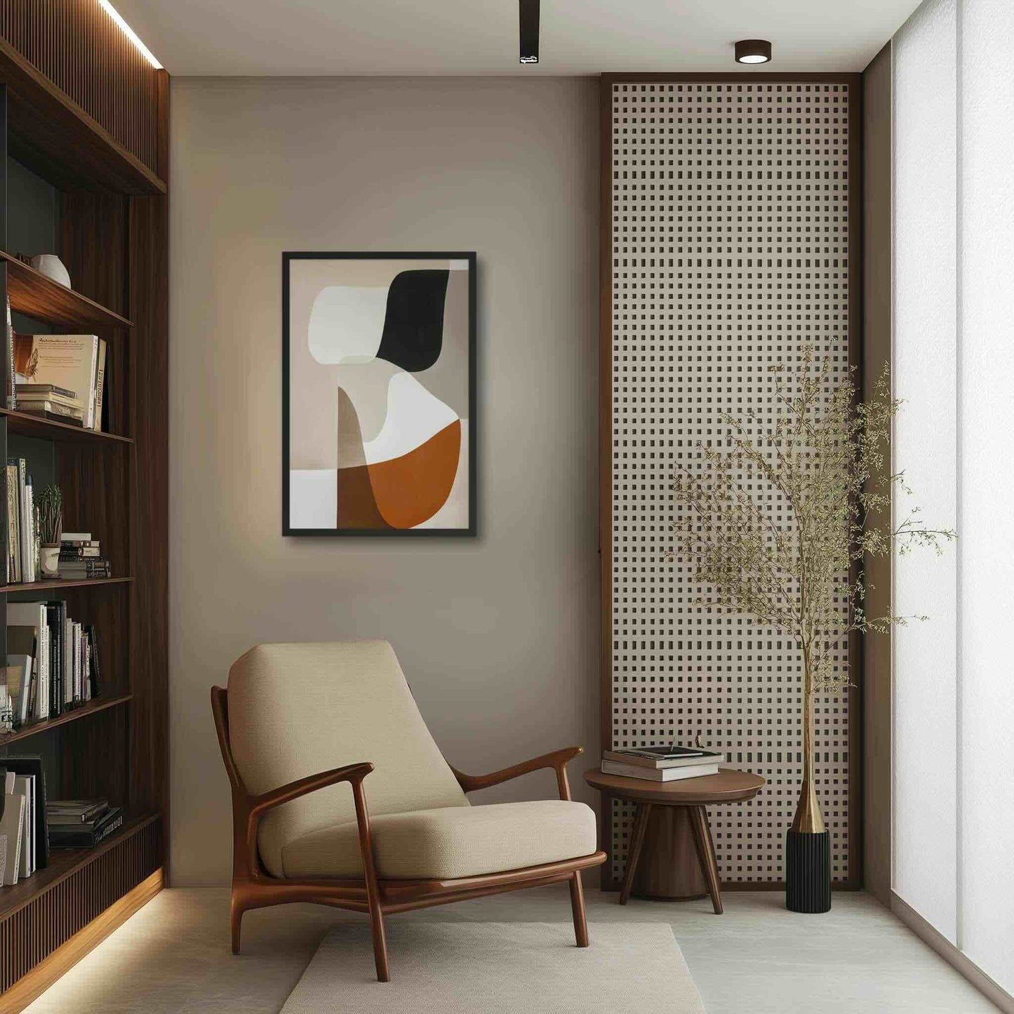 Discover "ORVAN," a sophisticated framed poster featuring elegant, organic abstract art in warm neutrals. Beige, cream, taupe, terracotta, rust, and black blend with smooth transitions, creating calming yet visually captivating piece. Framed in wood in black color. The framed poster hangs on a biege wall in the reading corner of an elegant modern study room.