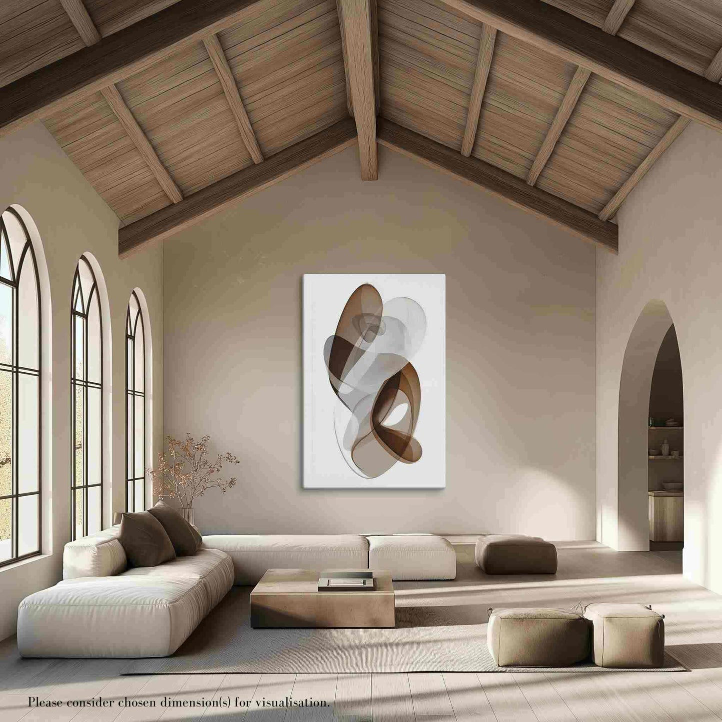 Explore "ORYA," an avant garde large abstract canvas print featuring graceful, layered ribbons in warm earthy tones. This elegant artwork blends movement and stillness, adding depth and sophistication to any space. The canvas, available in large portrait dimensions, hangs prominantly on a tall biege wall in a modern living room with vaulted ceilings.