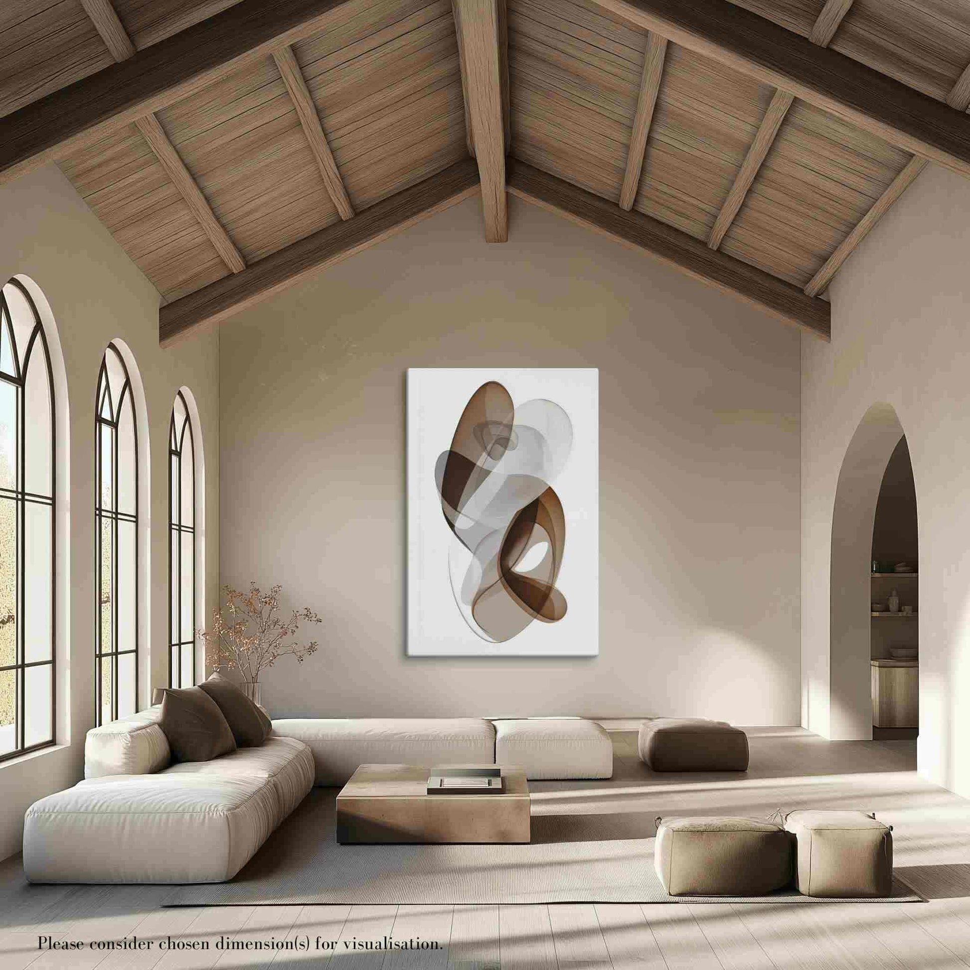 Explore "ORYA," an avant garde large abstract canvas print featuring graceful, layered ribbons in warm earthy tones. This elegant artwork blends movement and stillness, adding depth and sophistication to any space. The canvas, available in large portrait dimensions, hangs prominantly on a tall biege wall in a modern living room with vaulted ceilings.