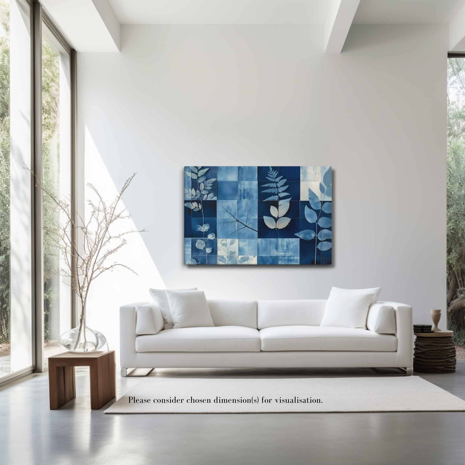 Discover PHOTOTYPE, a serene yet striking large landscape canvas print featuring a botanical cyanotype collage. Intricate white leaf silhouettes dance against rich indigo and navy blues in a modern grid design. Experience the beauty of nature and scientific artistry. Perfect for adding a touch of sophisticated calm to any space. This canvas print has a vivid, fade-resistant print that you're bound to fall in love with. Landscapre orientation. The canvas print hangs on the wall in a modern living room.