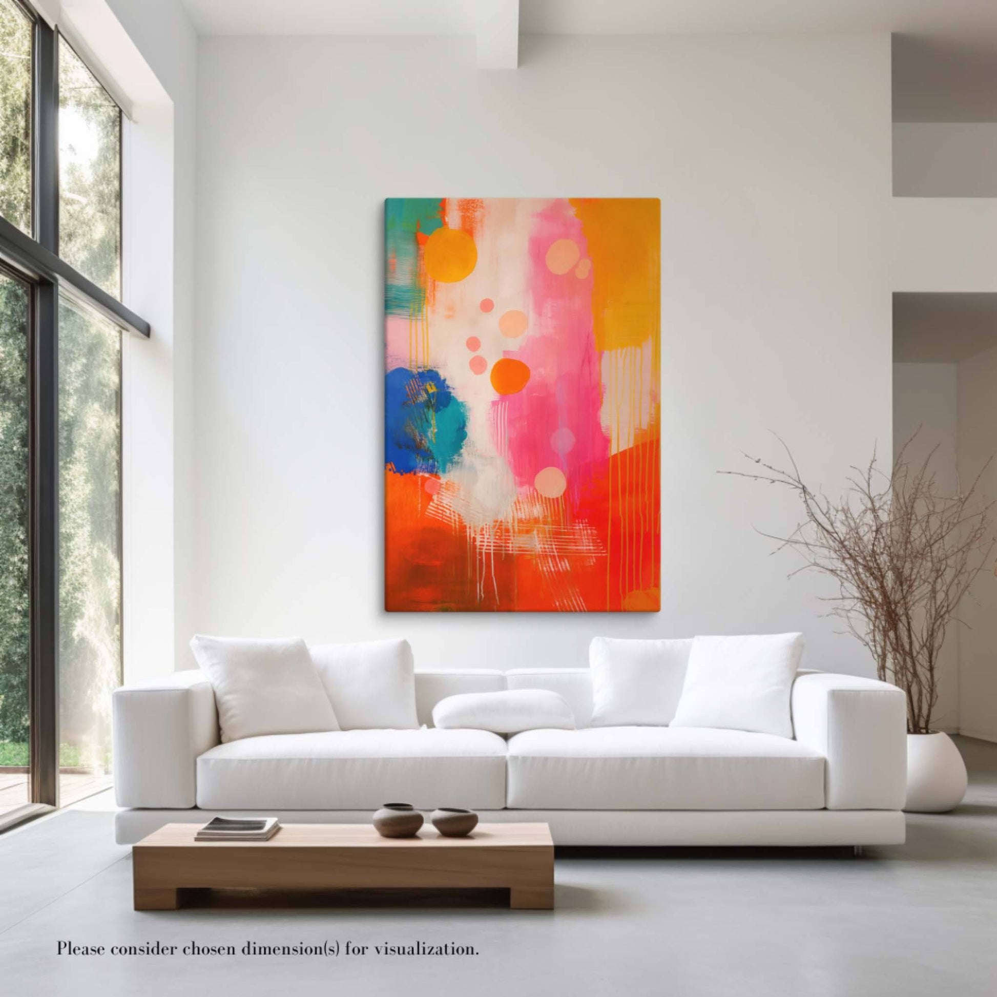 A stunning abstract canvas print featuring eye-catching artwork patches in red, orange, pink, blue and cream. This playful and sophisticated piece, in a portrait orientation, hangs on a pristine white wall with high ceilings, over a white sofa with in a living room furnished in an ultra modern style.