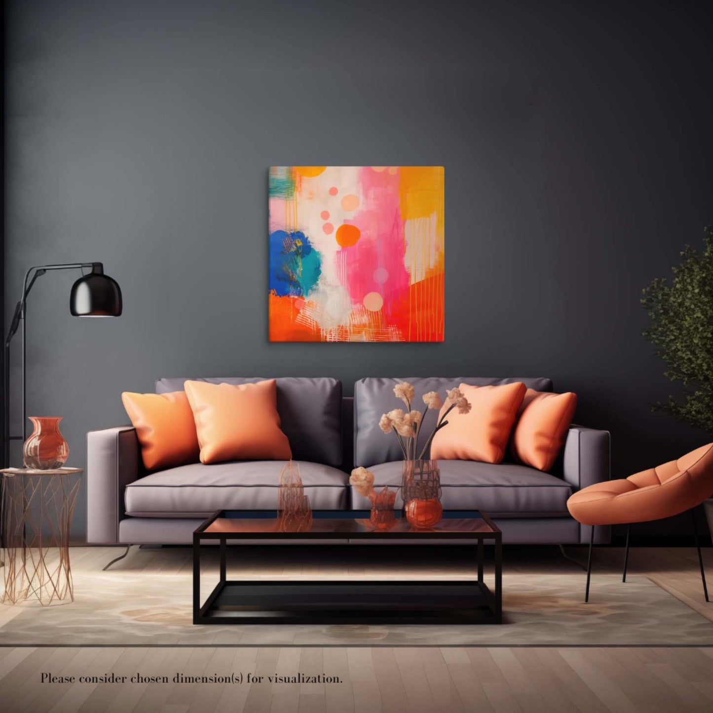 A stunning abstract canvas print featuring eye-catching artwork patches in red, orange, pink, blue and cream. This playful and sophisticated piece, in a squarish dimension, hangs on a dark grey wall, over a grey sofa with orange cushions in a living room furnished in a contemporary style.