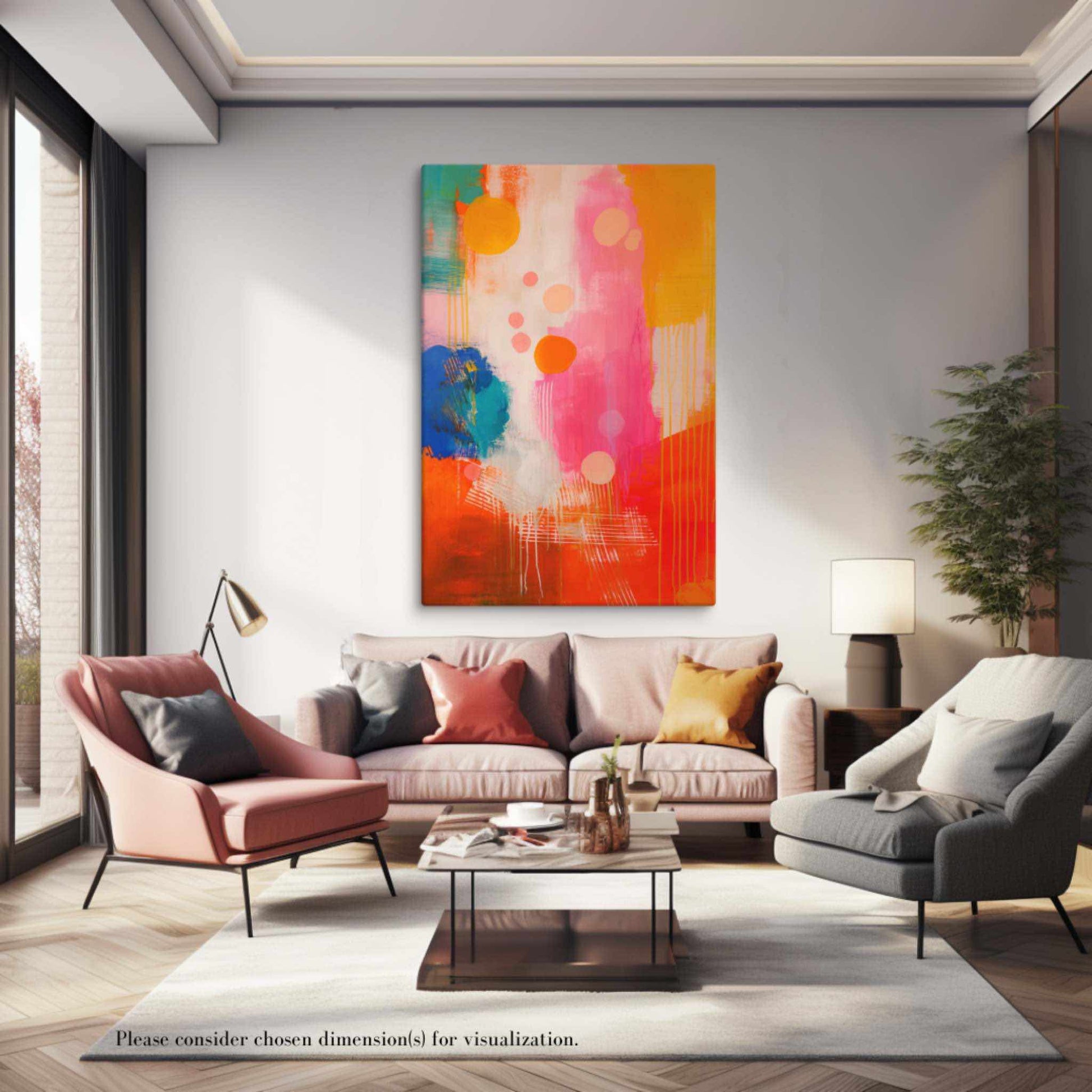 A stunning abstract canvas print featuring eye-catching artwork patches in red, orange, pink, blue and cream. This playful and sophisticated piece, in a portrait orientation, hangs on a white wall, over a light grey sofa with grey, orange and yellow cushions, and a pink armchair and grey armchair on the left and right respectively, in a living room furnished in a contemporary style.