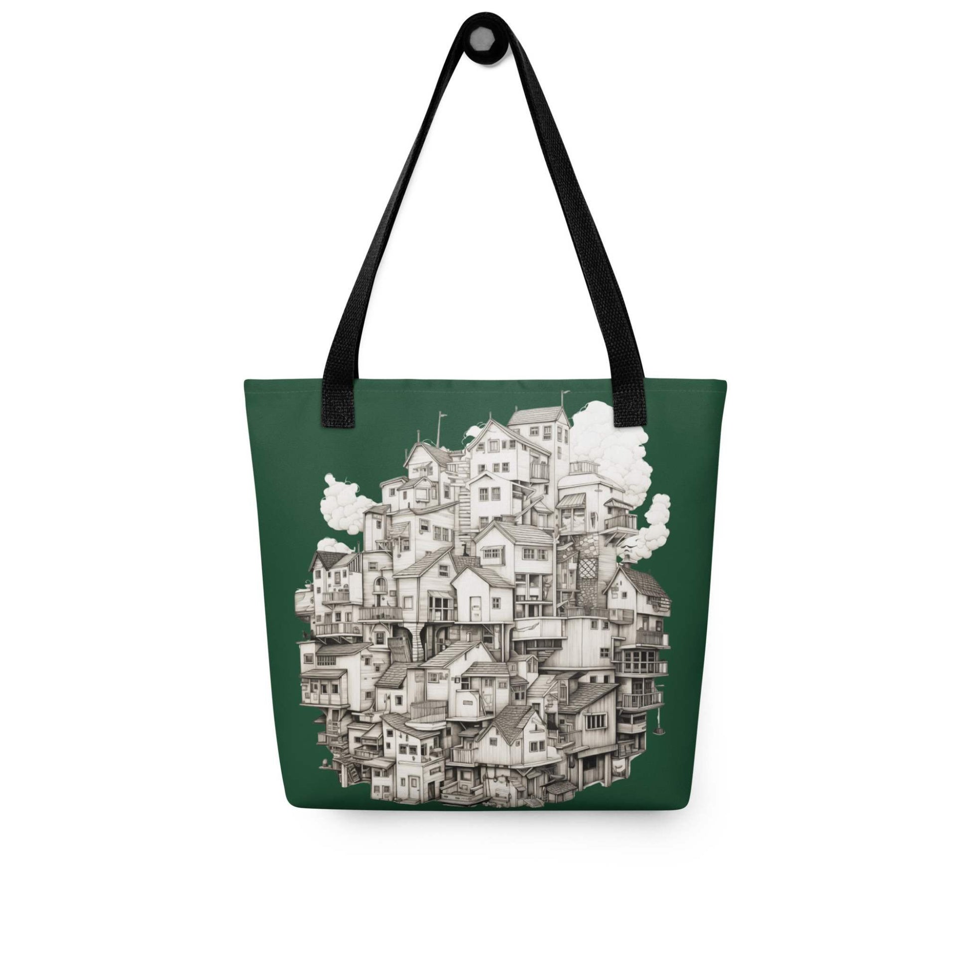 A Line Drawing Tote Bag, featuring a magnificent, intricate sphere of stacked houses. This surreal architectural piece evokes themes of community and dense urban fantasy, making it a unique statement accessory. The 15x15 polyester bag is hung a on a wall. White background.