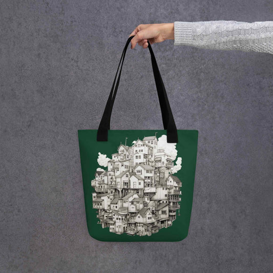 A Line Drawing Tote Bag, featuring a magnificent, intricate sphere of stacked houses. This surreal architectural piece evokes themes of community and dense urban fantasy, making it a unique statement accessory. The 15x15 polyester bag is held in a hand. Grey background.