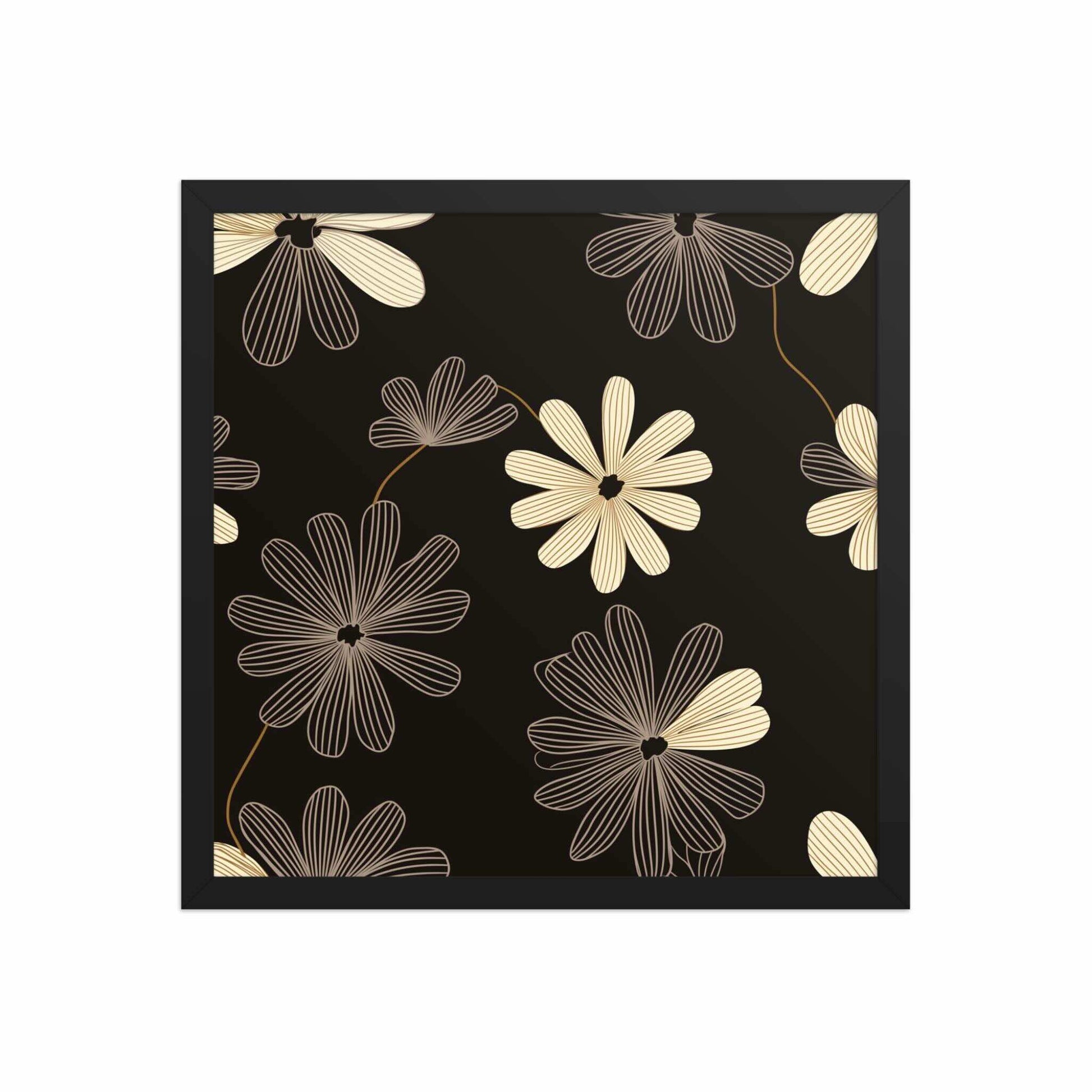 Modern Floral Wall Art framed poster, with a black frame, which features a high-contrast, black and white line art pattern that blends Art Deco flair with minimalist sophistication. Dimension 16x16 inches square. White background.