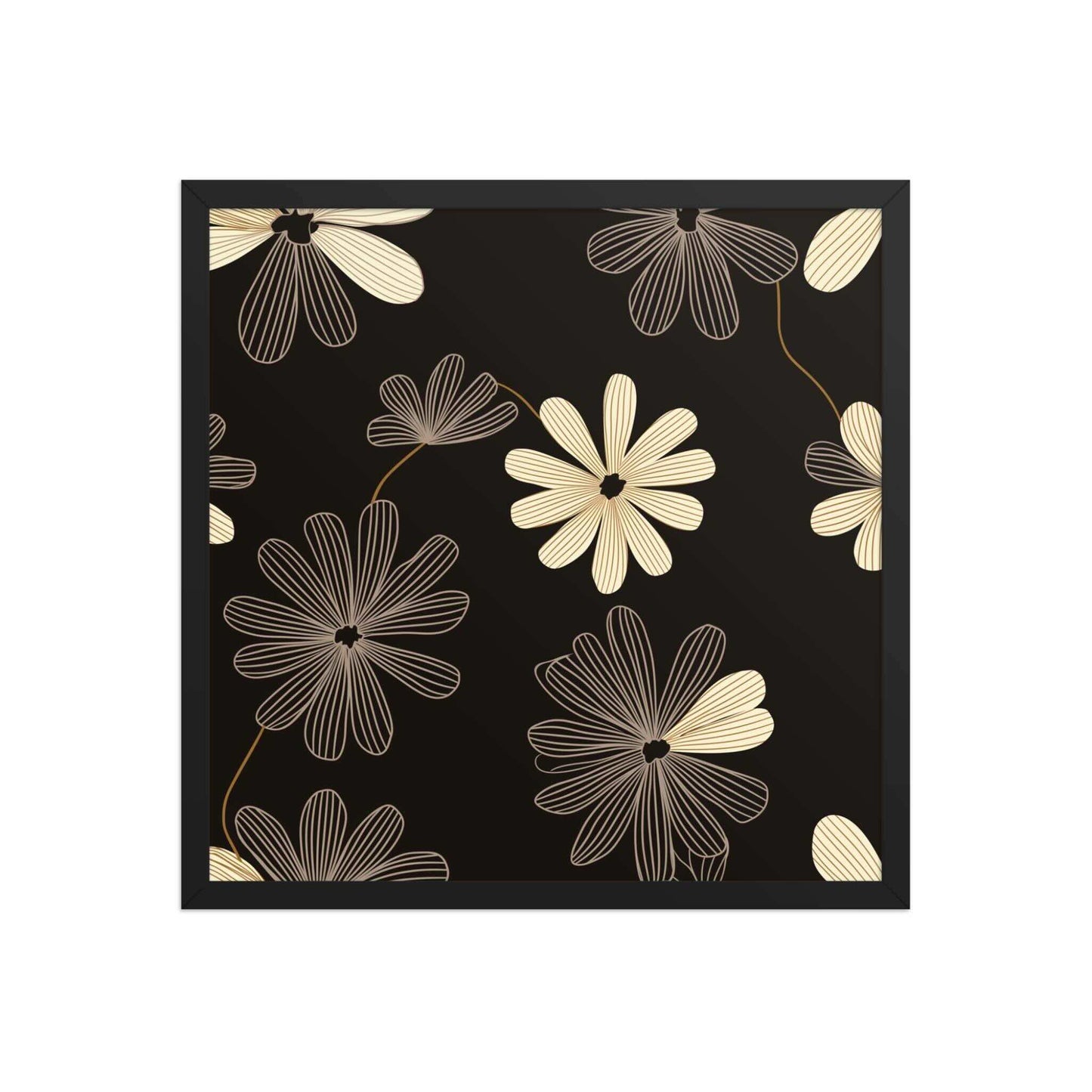 Modern Floral Wall Art framed poster, with a black frame, which features a high-contrast, black and white line art pattern that blends Art Deco flair with minimalist sophistication. Dimension 18x18 inches square. White background.