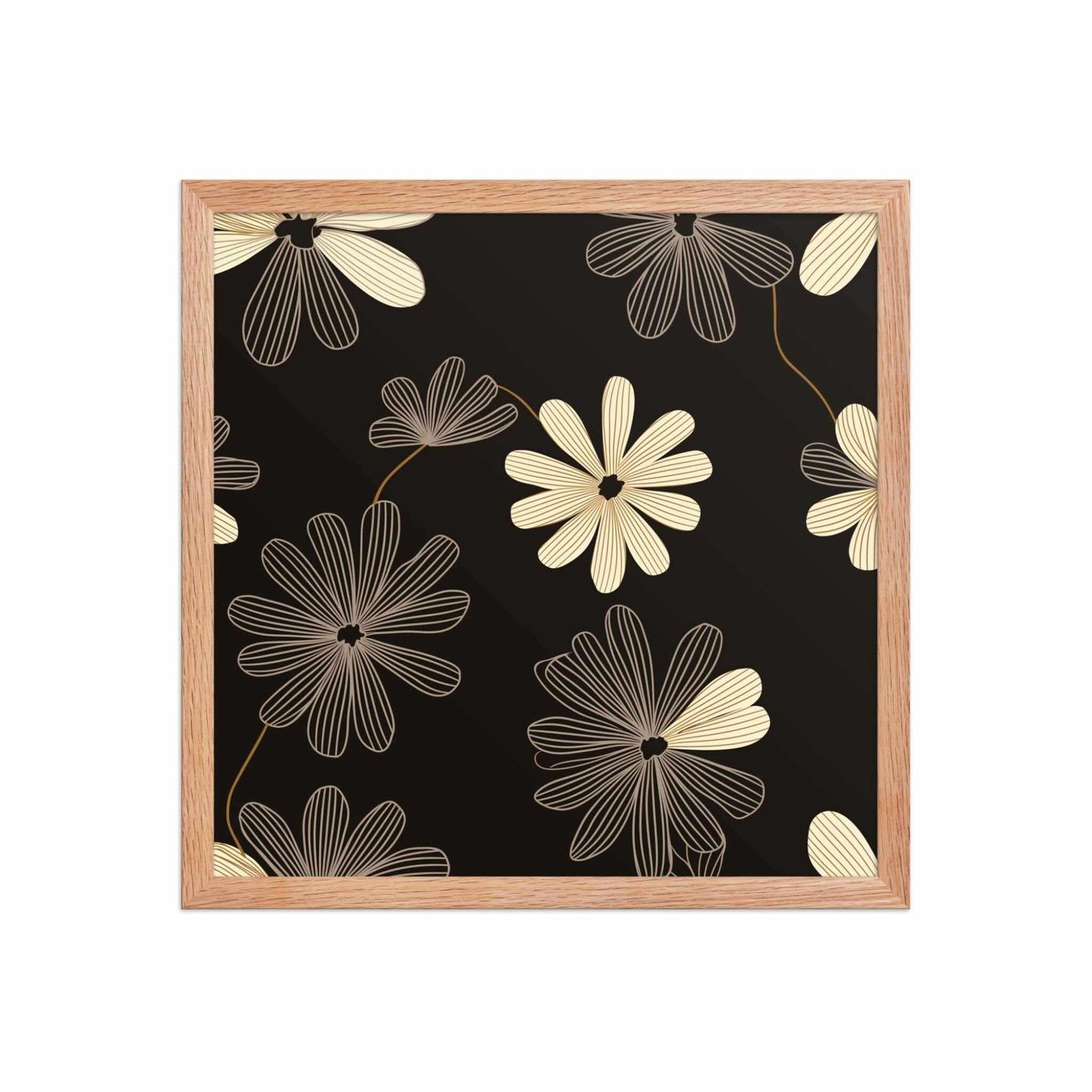 Modern Floral Wall Art framed poster, with a red oak frame, which features a high-contrast, black and white line art pattern that blends Art Deco flair with minimalist sophistication. Dimension 16x16 inches square. White background.